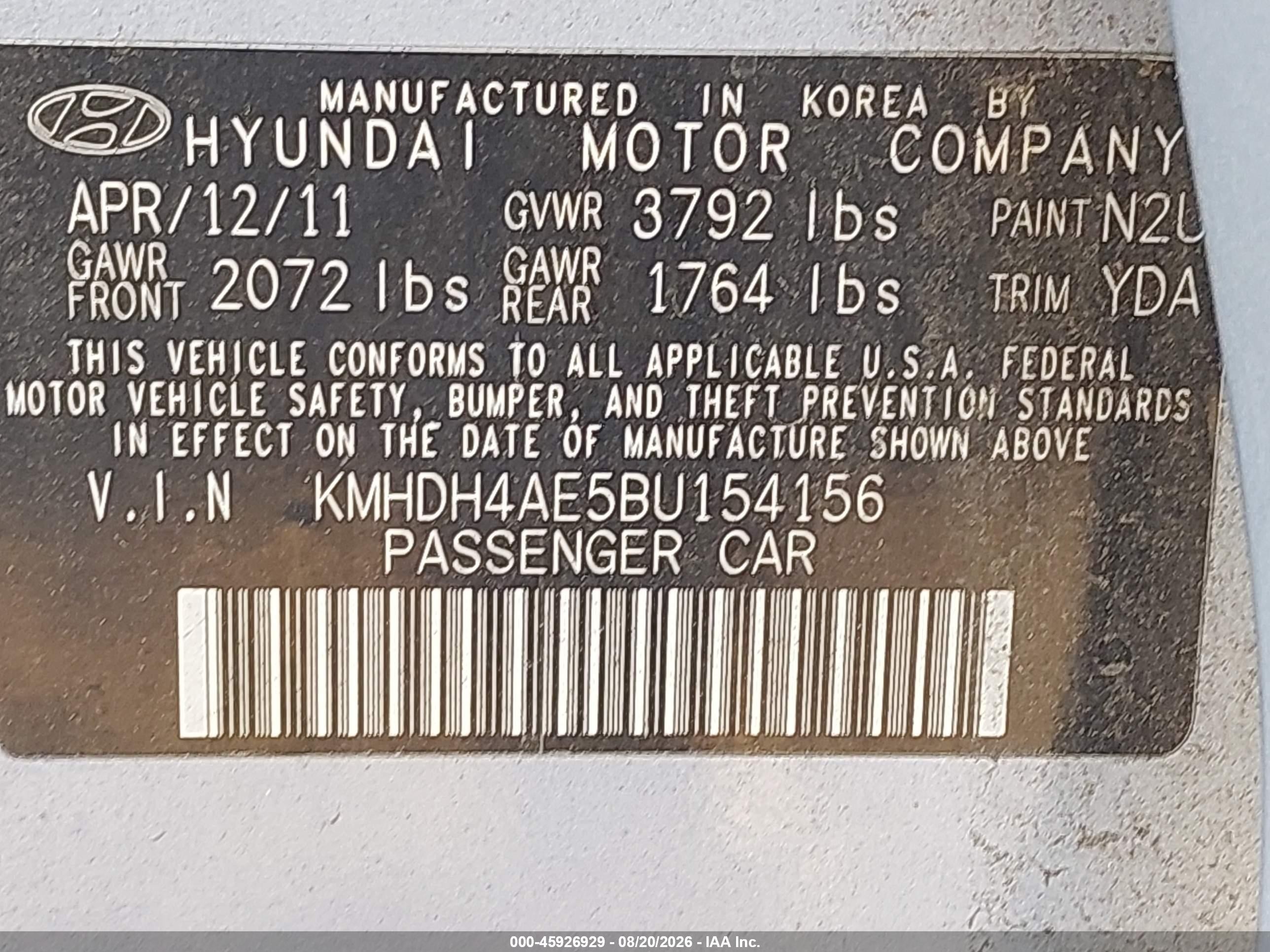 2011 Hyundai Elantra Gls (ulsan Plant) Blue vin: KMHDH4AE5BU154156