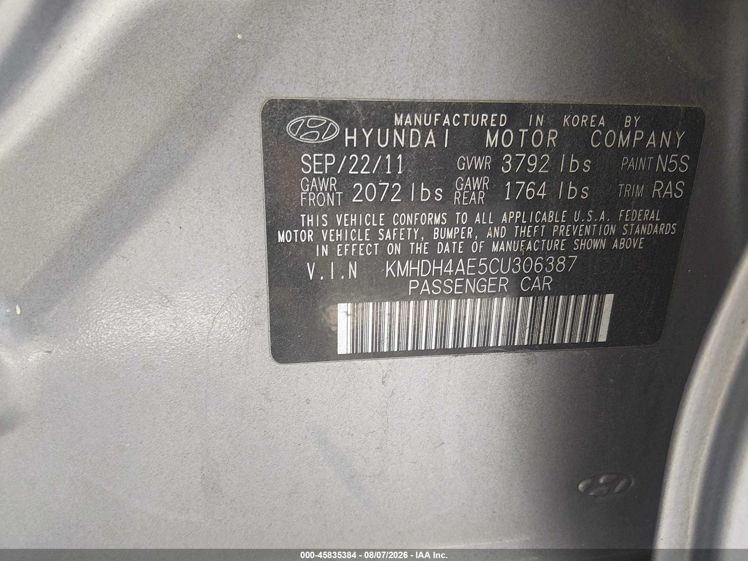 2012 Hyundai Elantra Gls (ulsan Plant) Gray vin: KMHDH4AE5CU306387