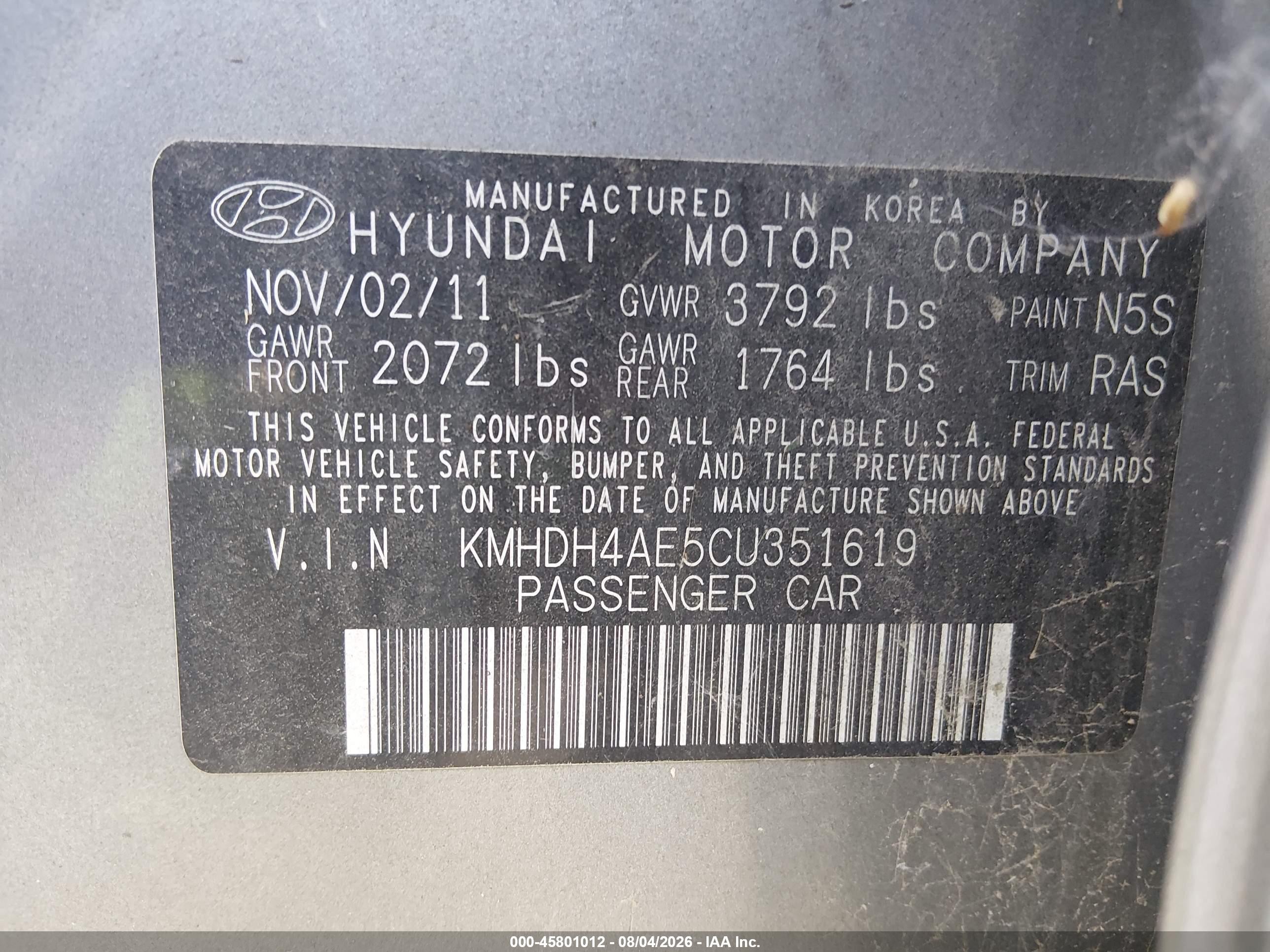 2012 Hyundai Elantra Gls (ulsan Plant) Silver vin: KMHDH4AE5CU351619