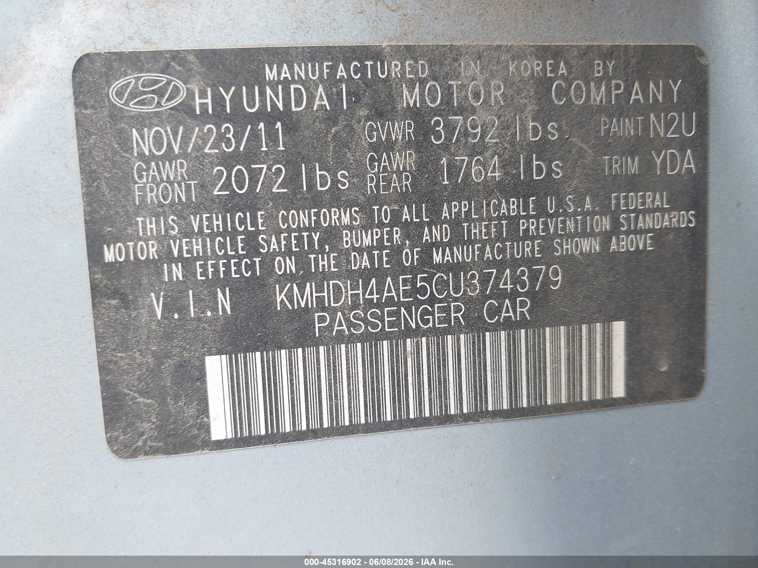 2012 Hyundai Elantra Gls (ulsan Plant) Blue vin: KMHDH4AE5CU374379