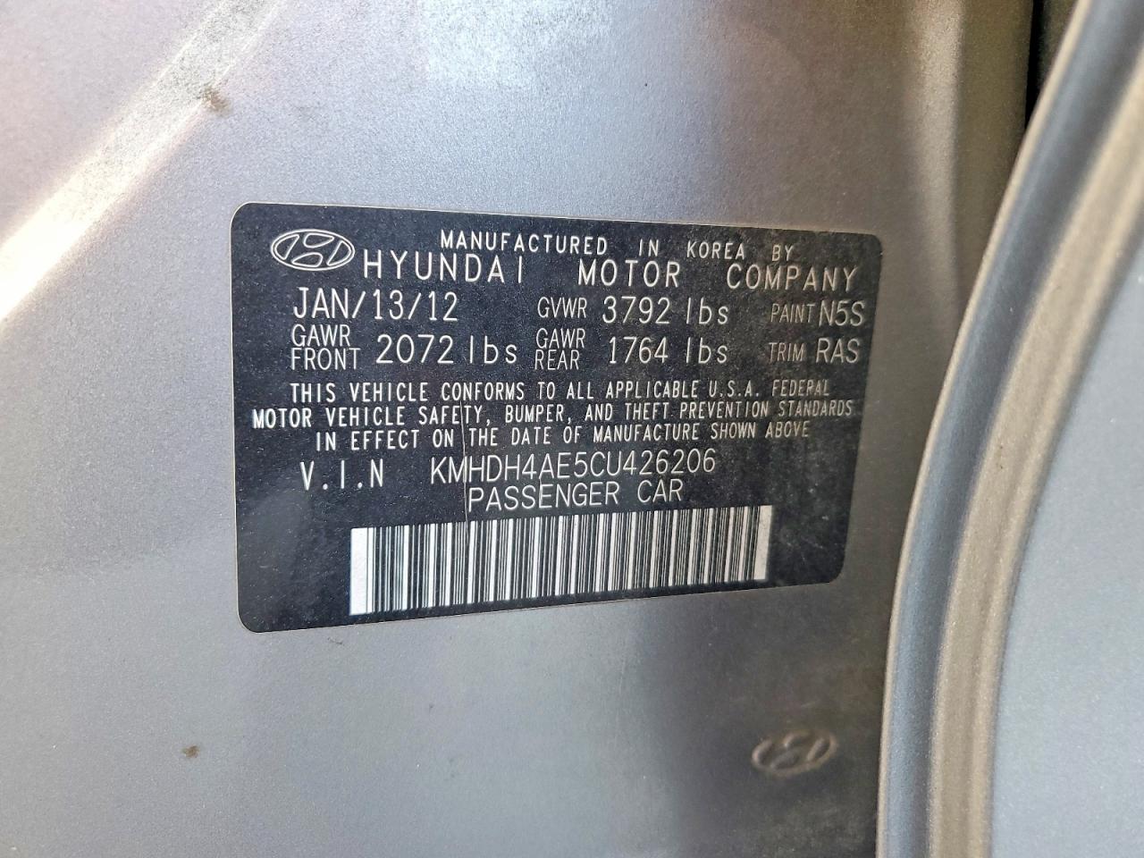2012 Hyundai Elantra Limited Gray vin: KMHDH4AE5CU426206