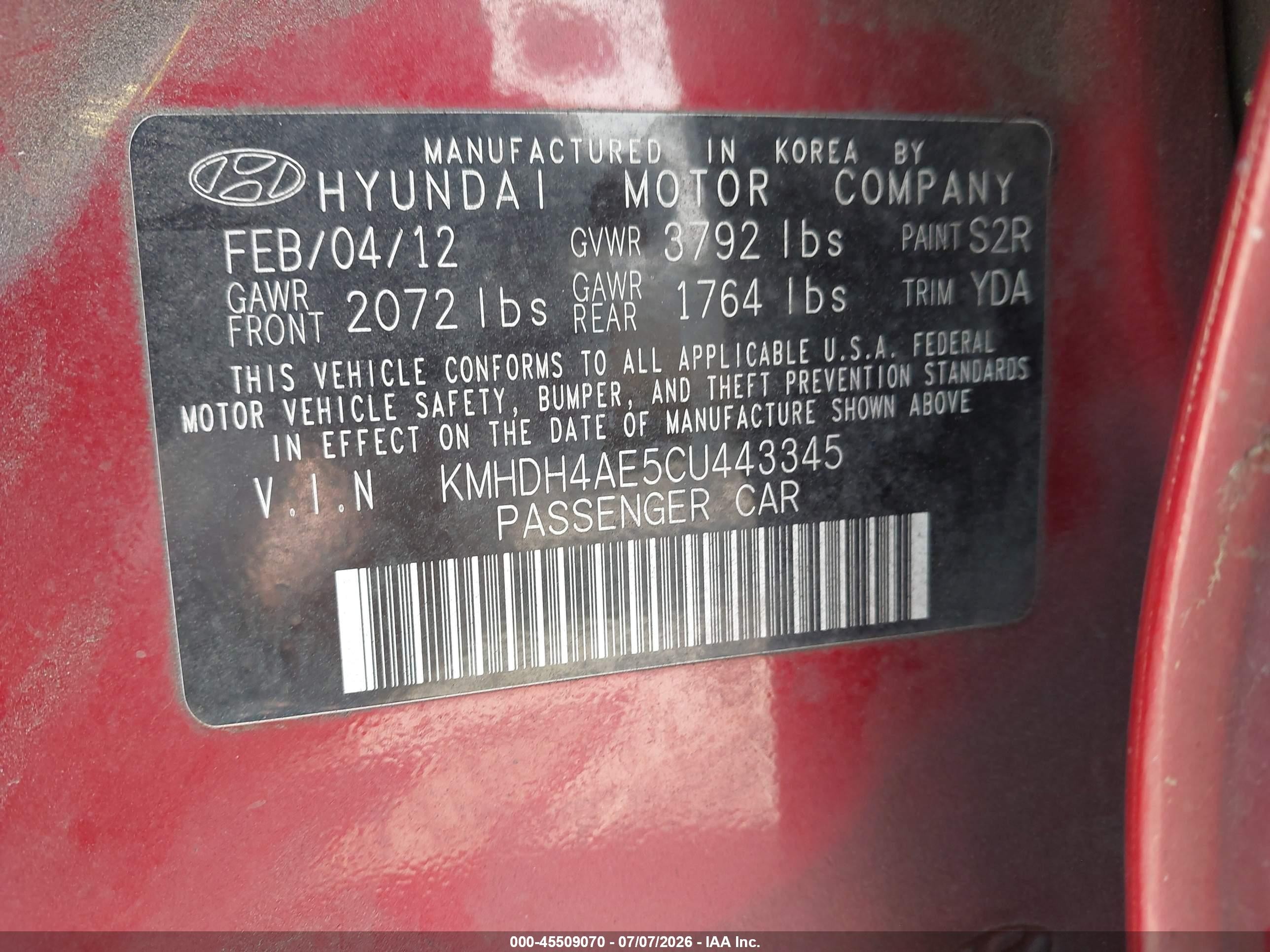 2012 Hyundai Elantra Limited (ulsan Plant) Красный vin: KMHDH4AE5CU443345