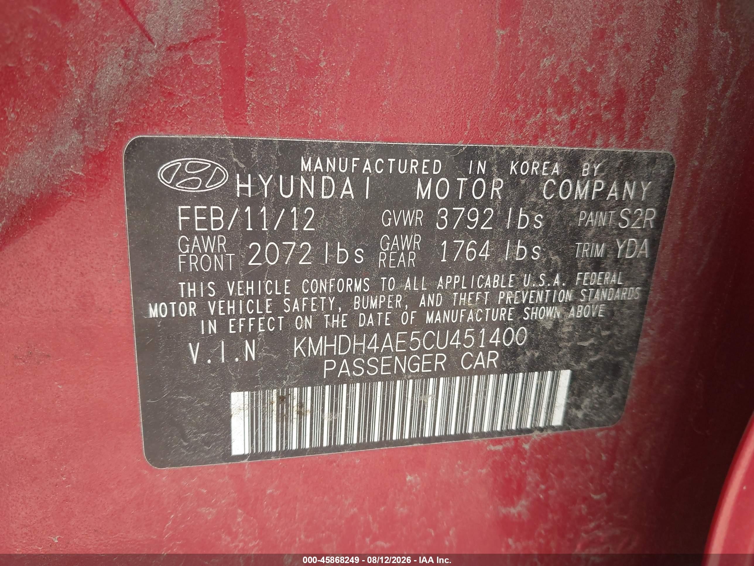 2012 Hyundai Elantra Gls (ulsan Plant) Red vin: KMHDH4AE5CU451400
