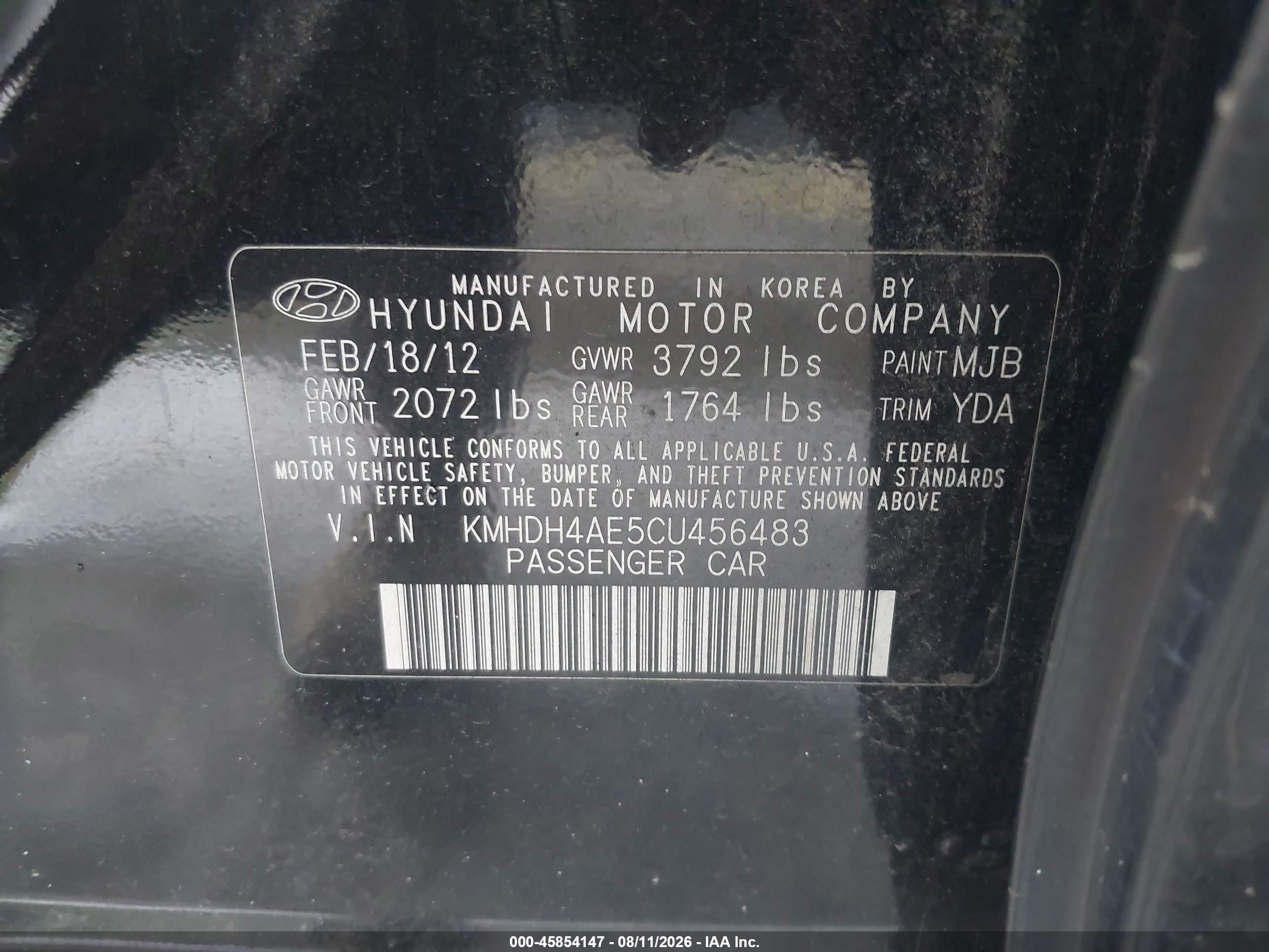 2012 Hyundai Elantra Gls (ulsan Plant) Black vin: KMHDH4AE5CU456483
