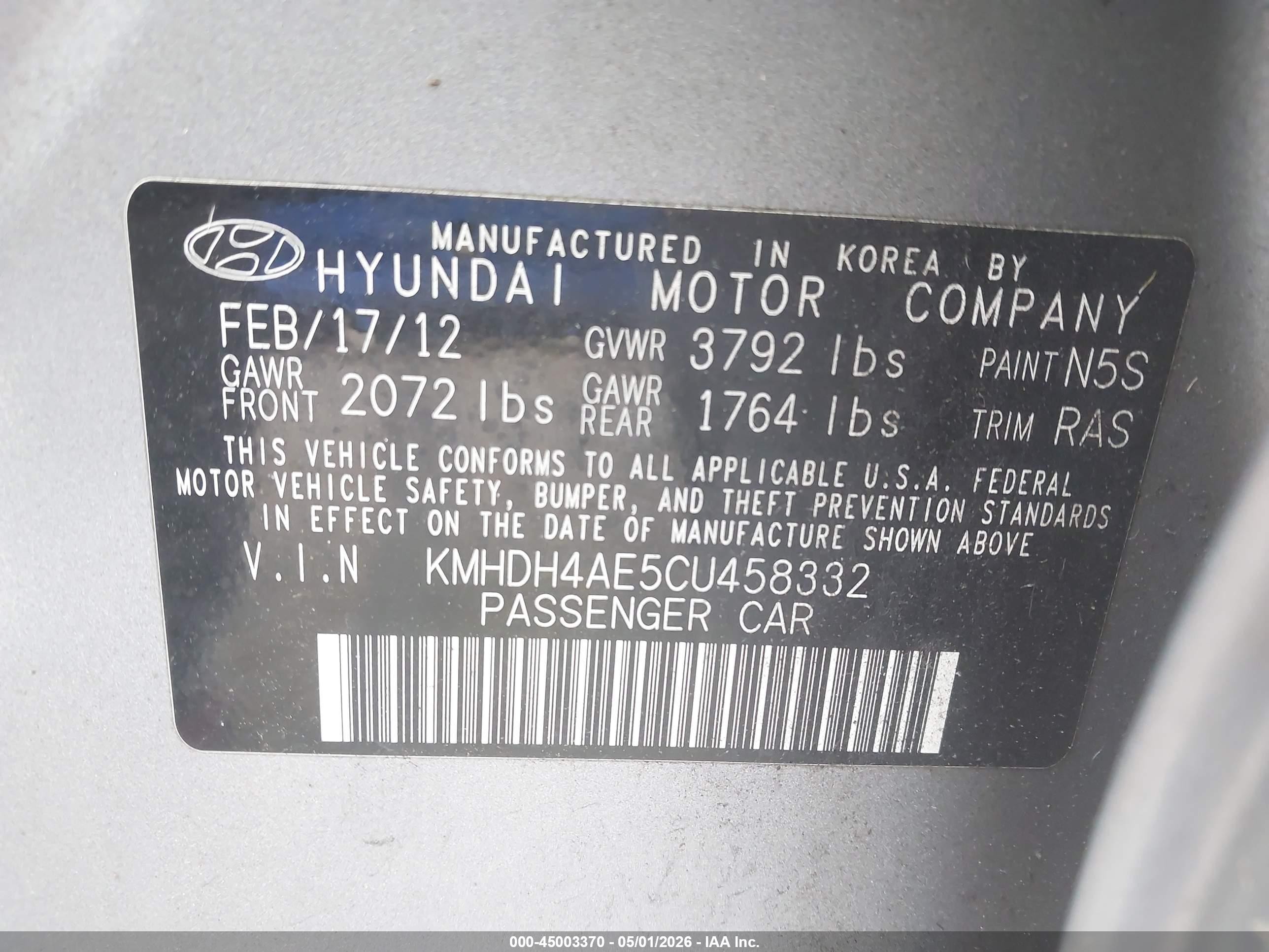 2012 Hyundai Elantra Limited (ulsan Plant) Gray vin: KMHDH4AE5CU458332