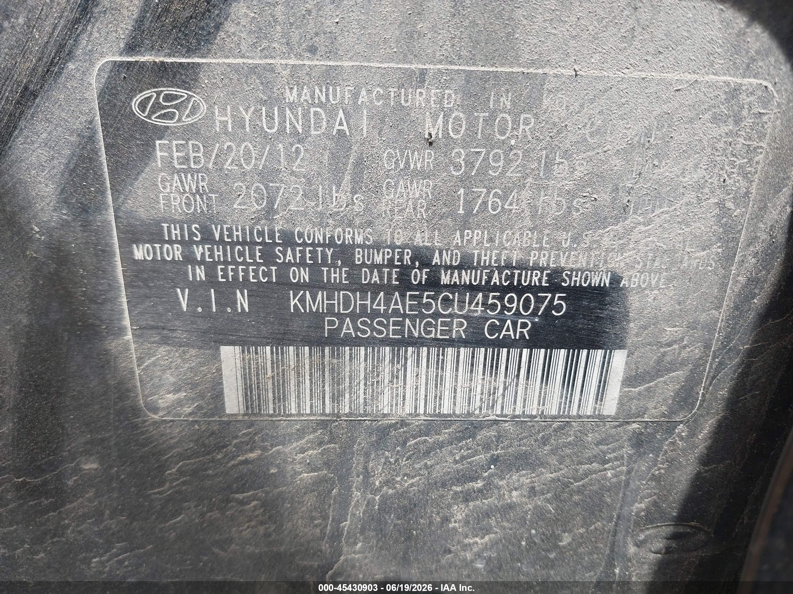 2012 Hyundai Elantra Limited (ulsan Plant) Black vin: KMHDH4AE5CU459075