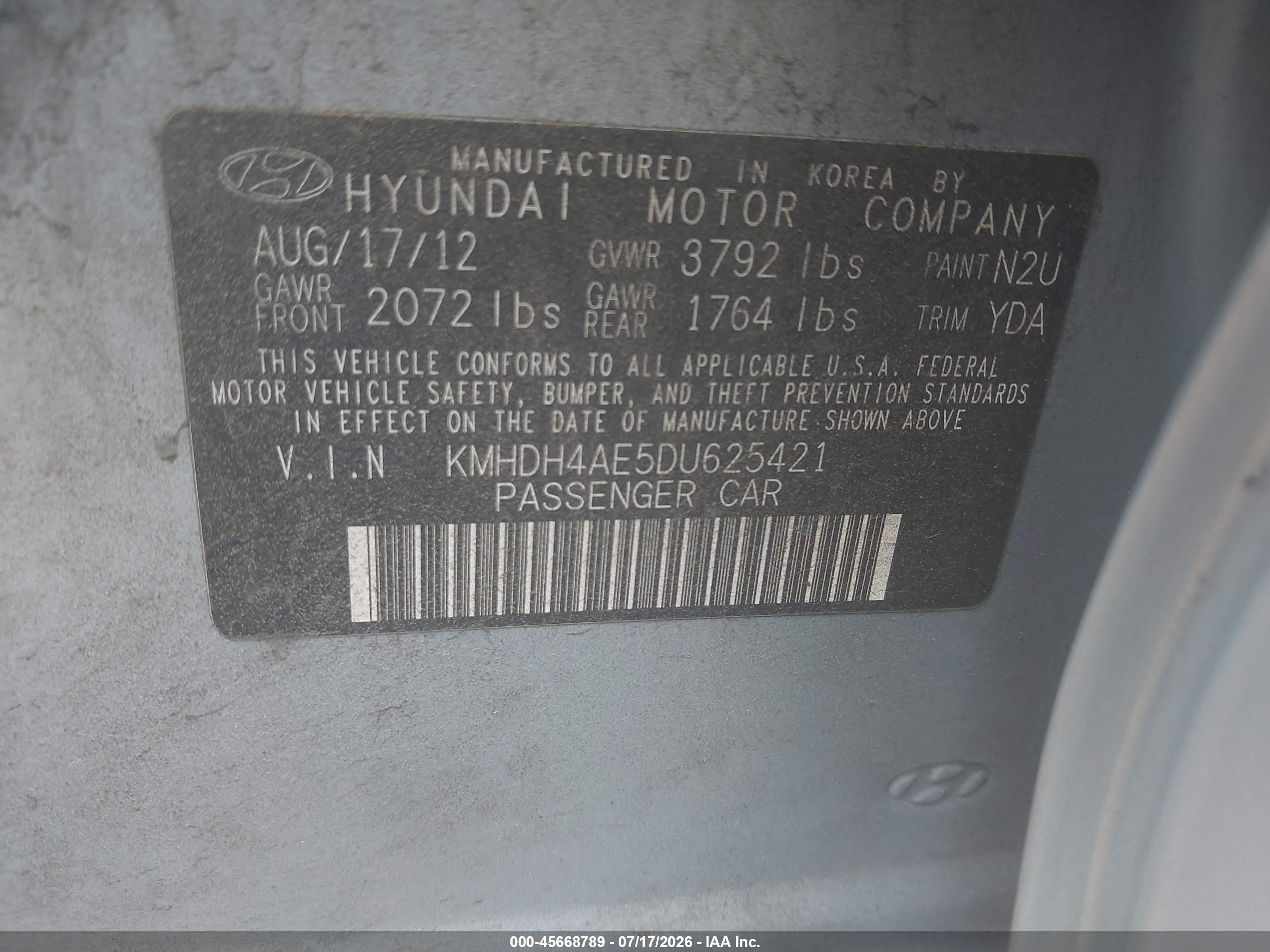 2013 Hyundai Elantra Gls Light Blue vin: KMHDH4AE5DU625421