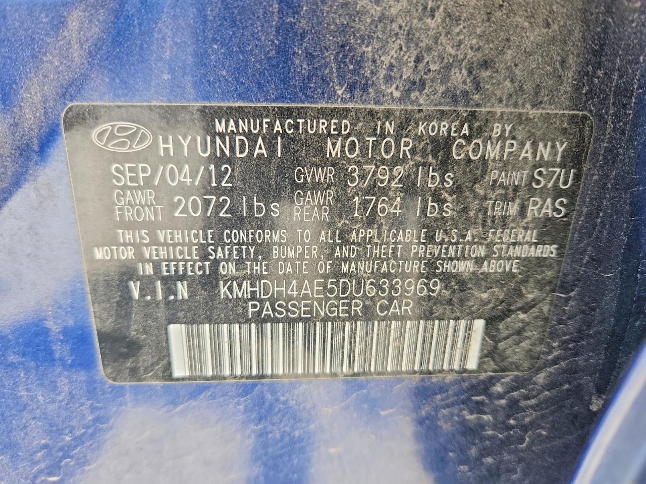 2013 Hyundai Elantra Limited Blue vin: KMHDH4AE5DU633969