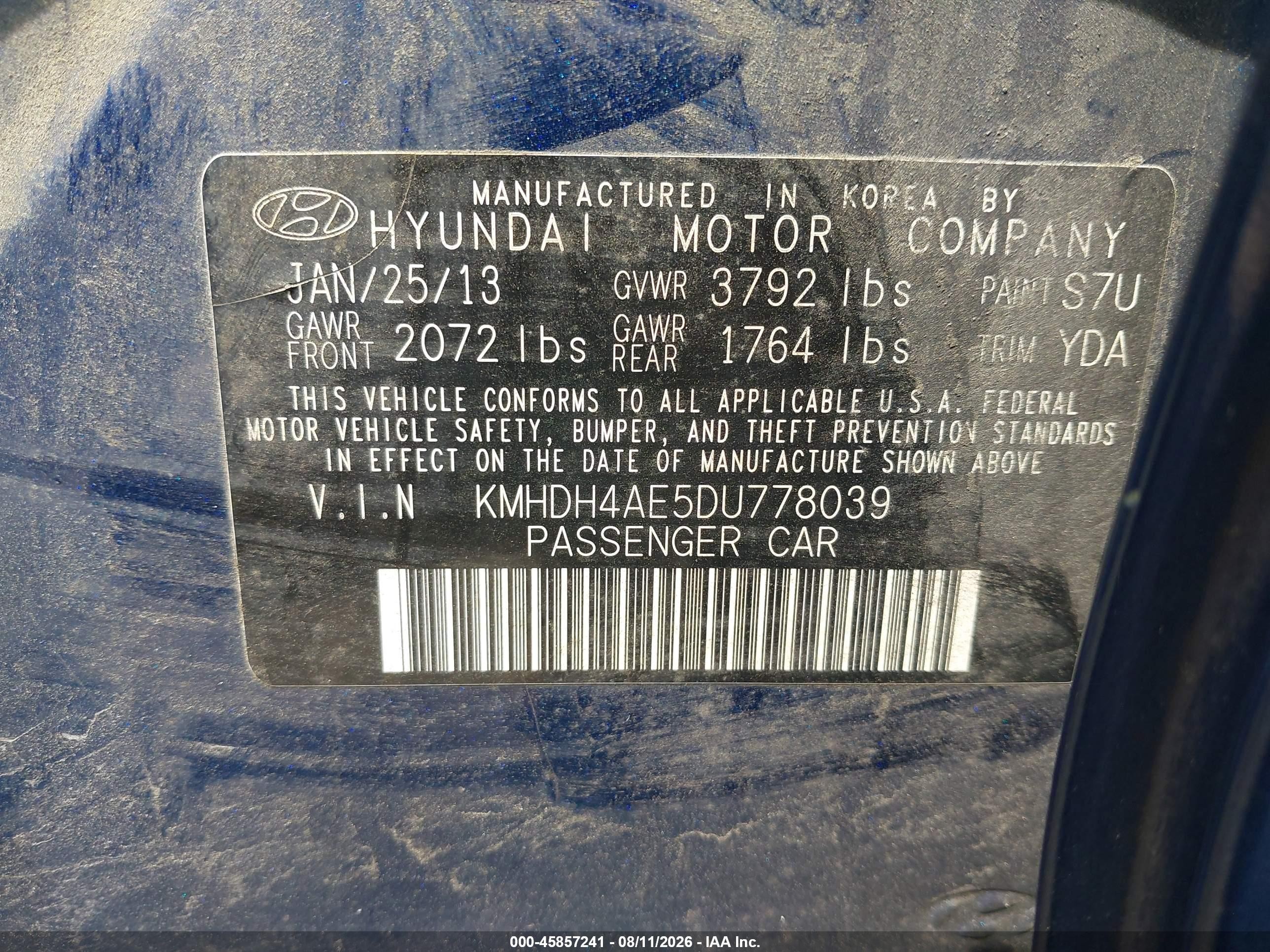 2013 Hyundai Elantra Gls Blue vin: KMHDH4AE5DU778039