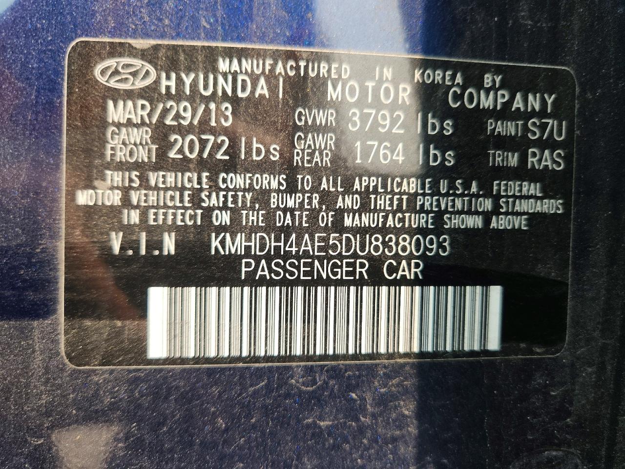 2013 Hyundai Elantra Gls Blue vin: KMHDH4AE5DU838093