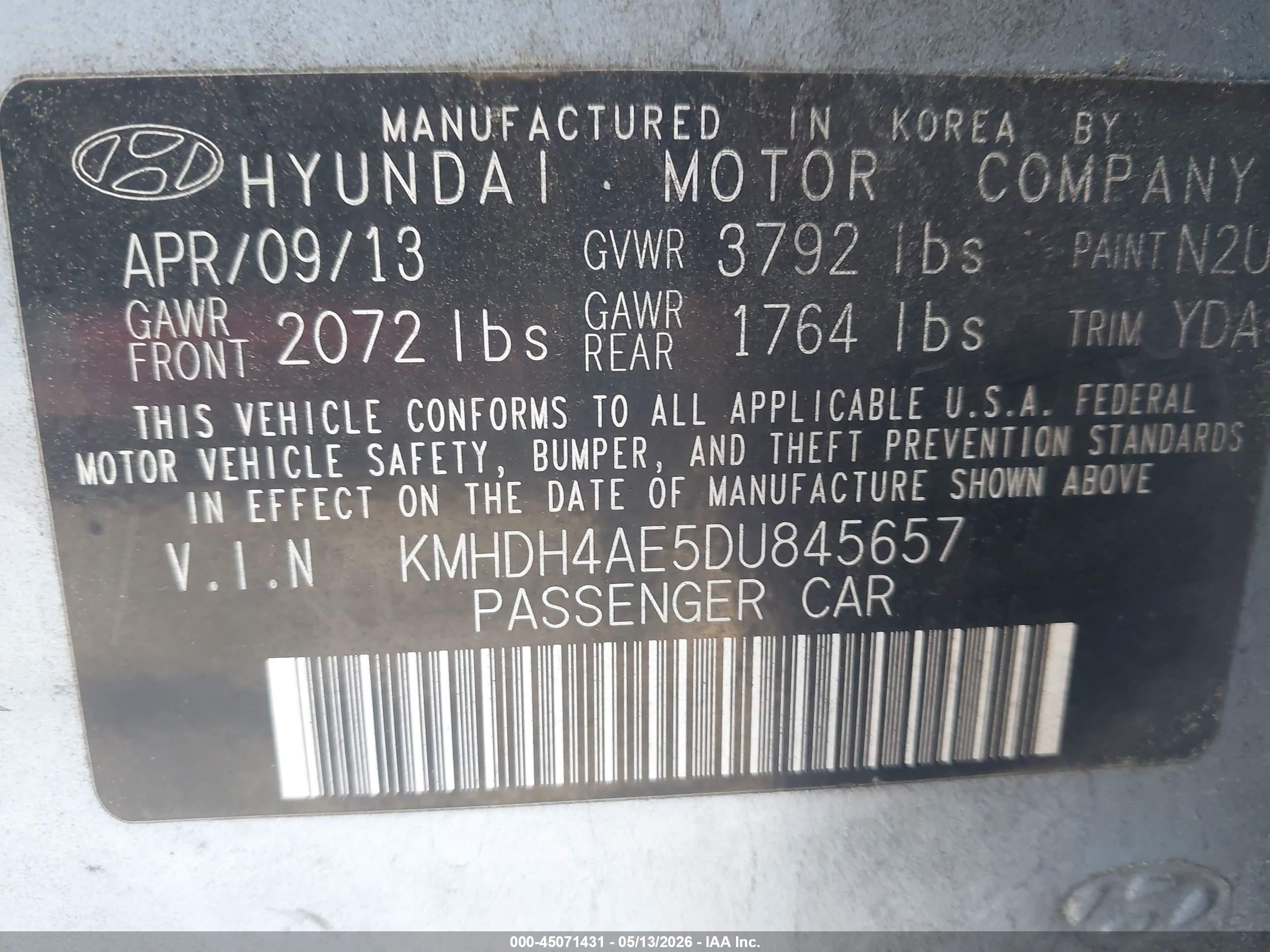2013 Hyundai Elantra Gls Light Blue vin: KMHDH4AE5DU845657