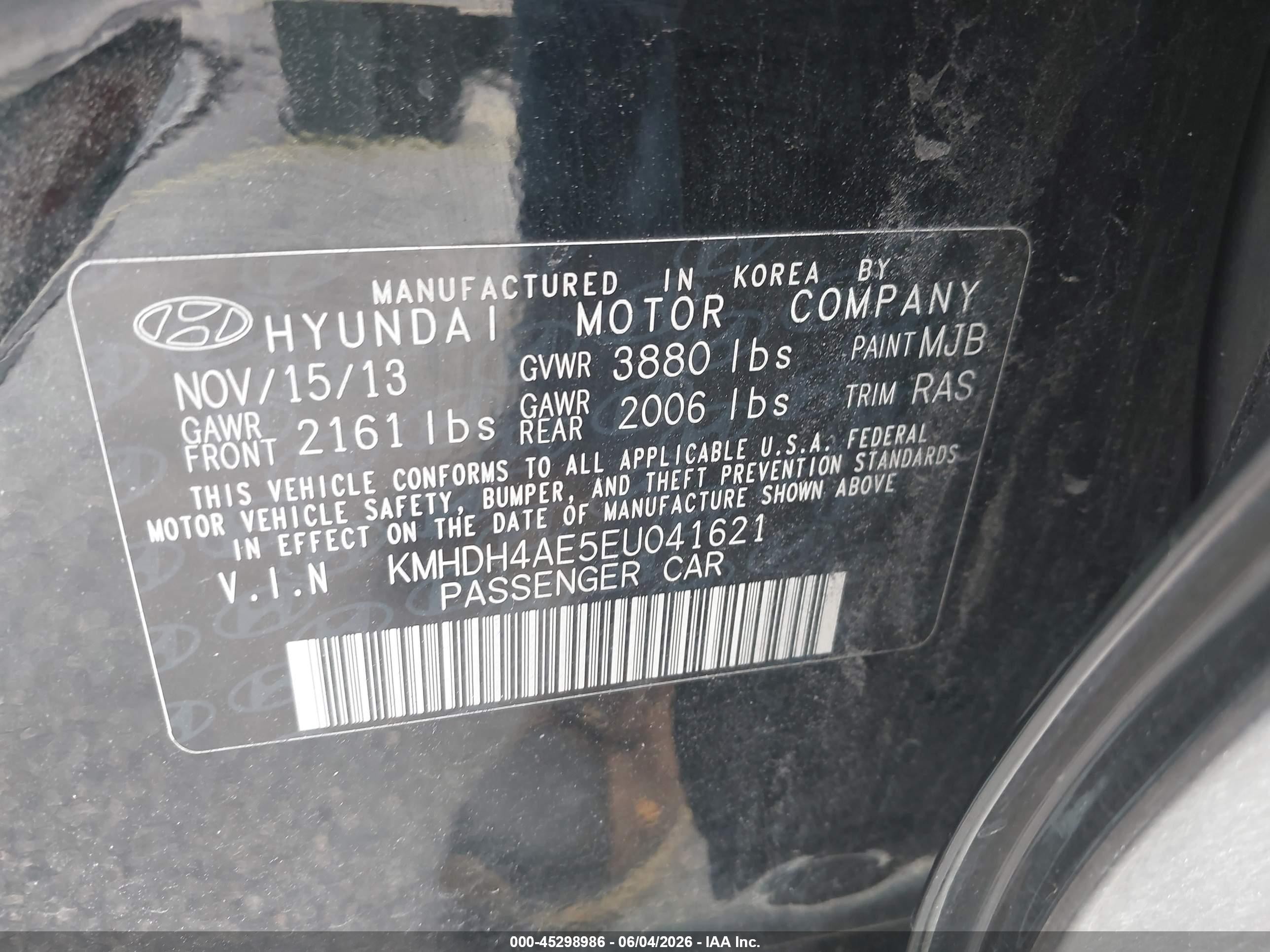 2014 Hyundai Elantra Se Black vin: KMHDH4AE5EU041621