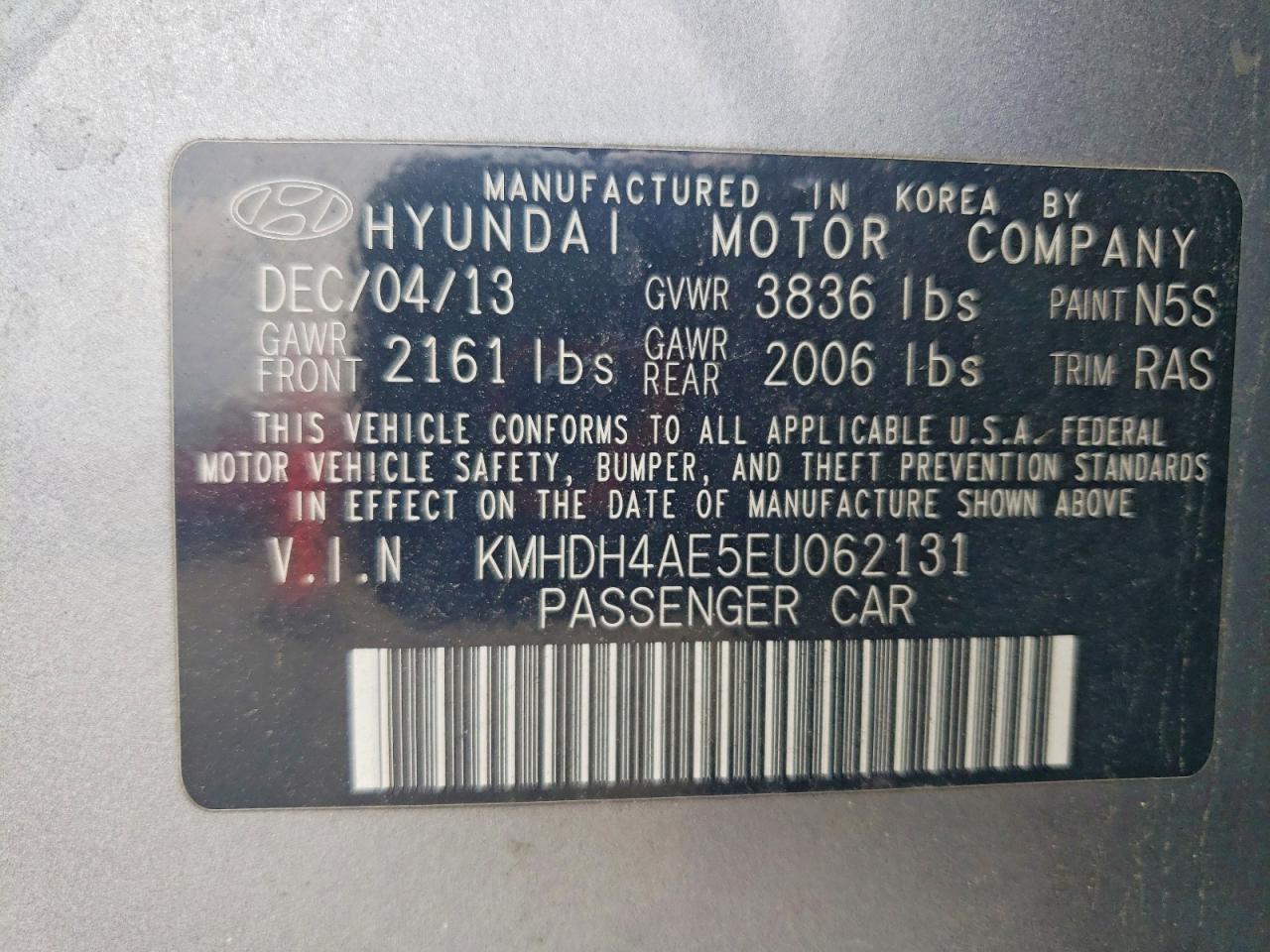 2014 Hyundai Elantra Se Gray vin: KMHDH4AE5EU062131