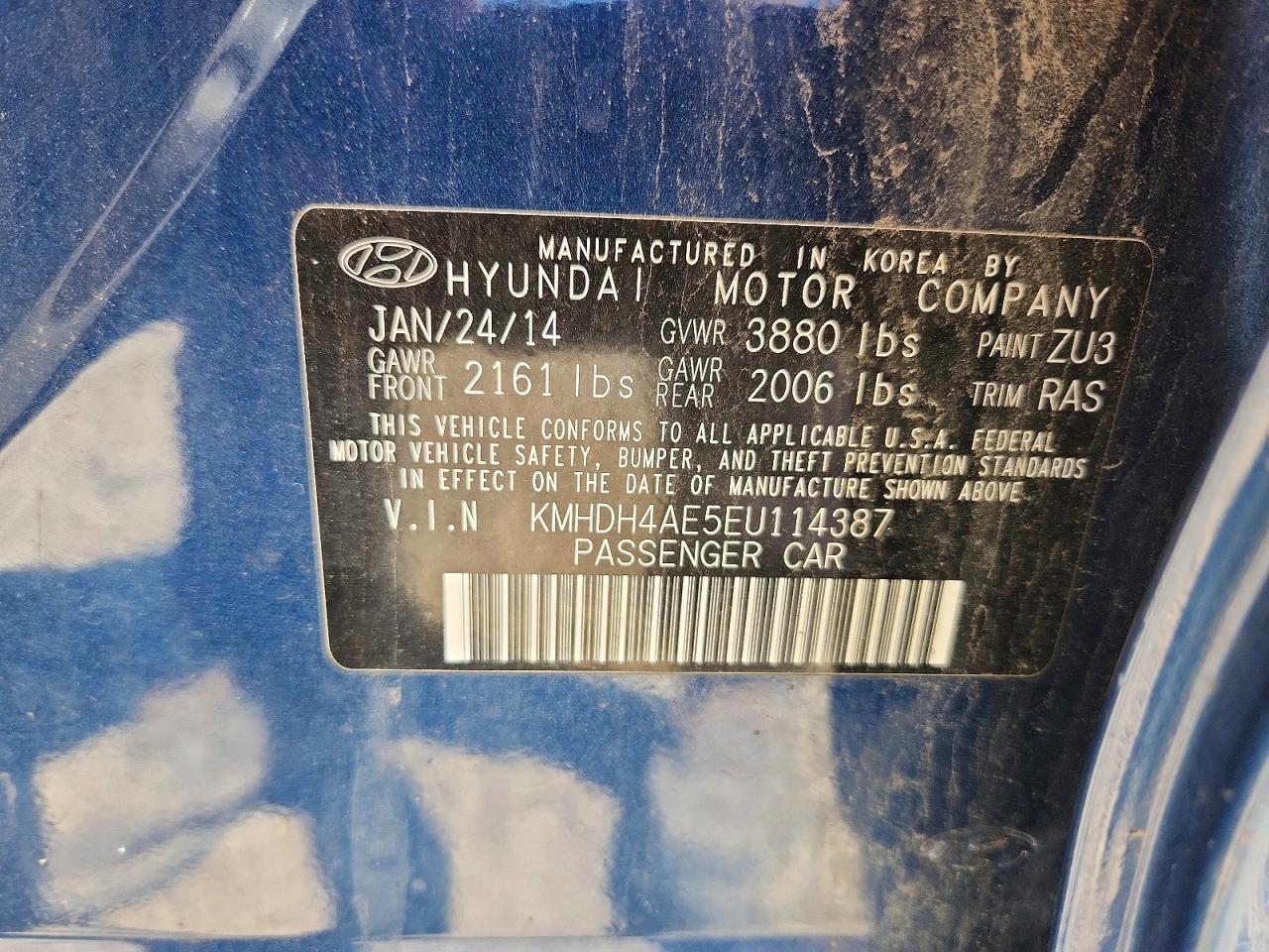 2014 Hyundai Elantra Se Blue vin: KMHDH4AE5EU114387