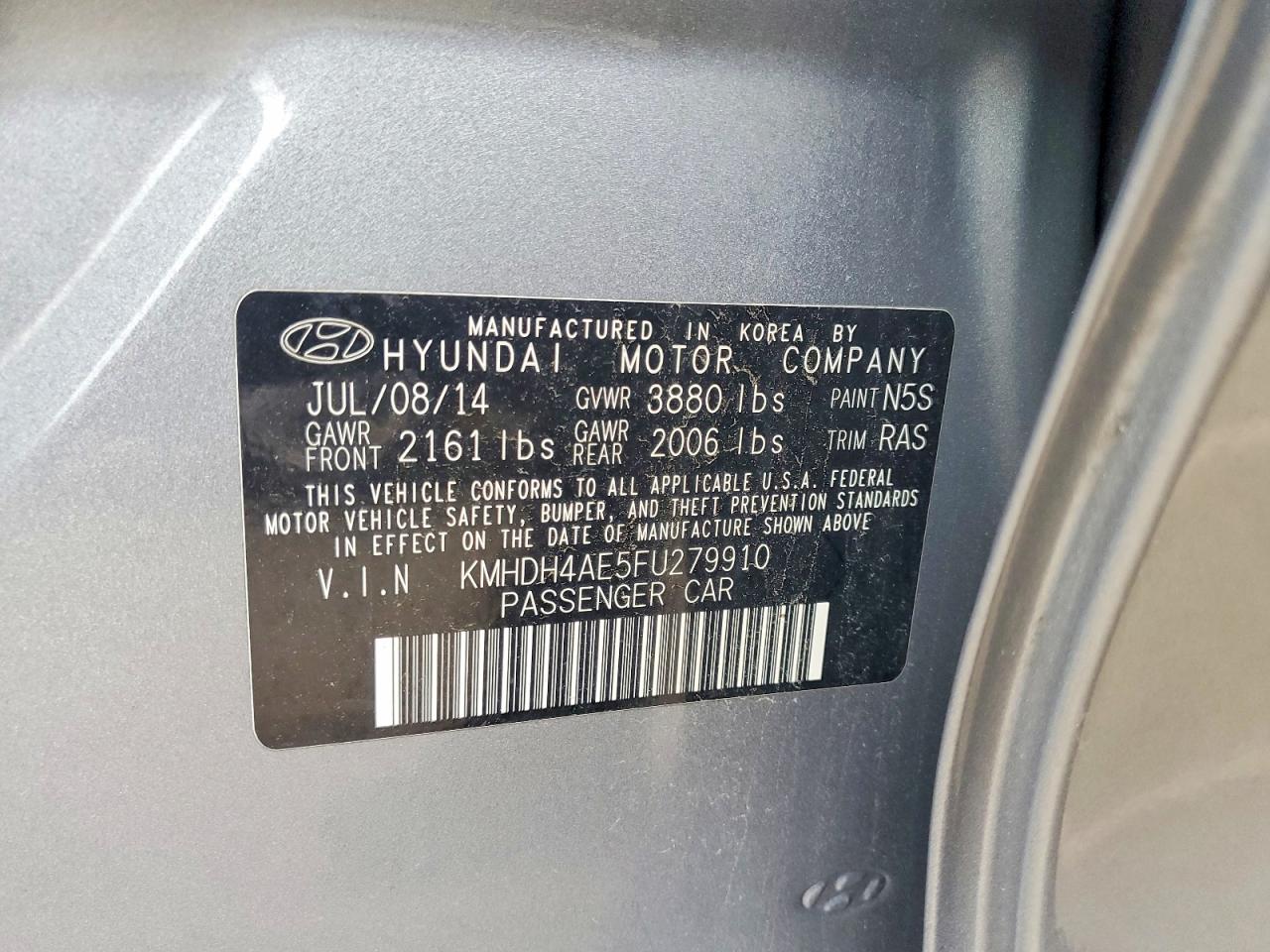 2015 Hyundai Elantra Se Gray vin: KMHDH4AE5FU279910