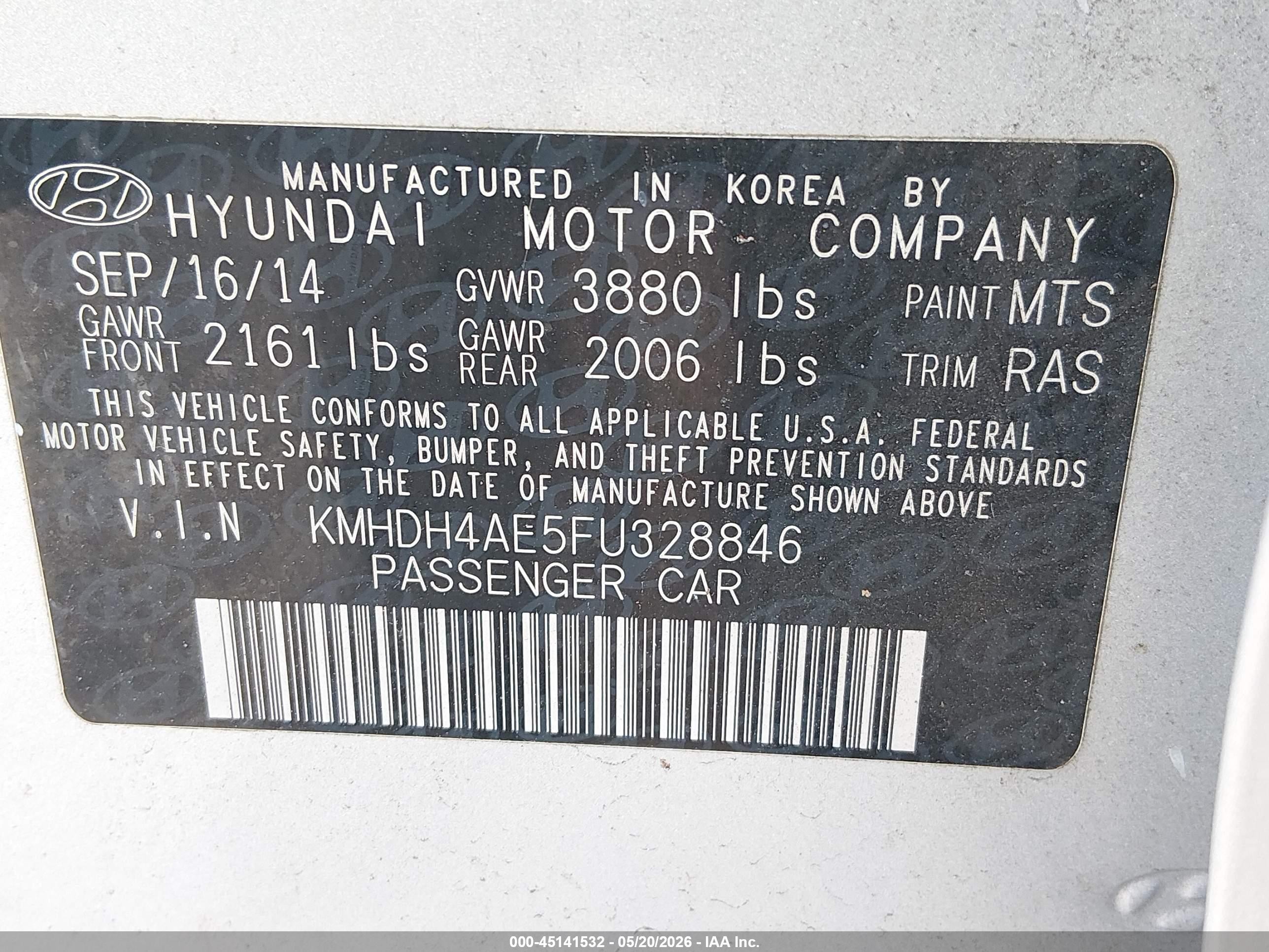 2015 Hyundai Elantra Se Silver vin: KMHDH4AE5FU328846