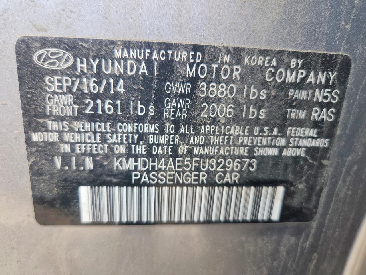 2015 Hyundai Elantra Se Gray vin: KMHDH4AE5FU329673
