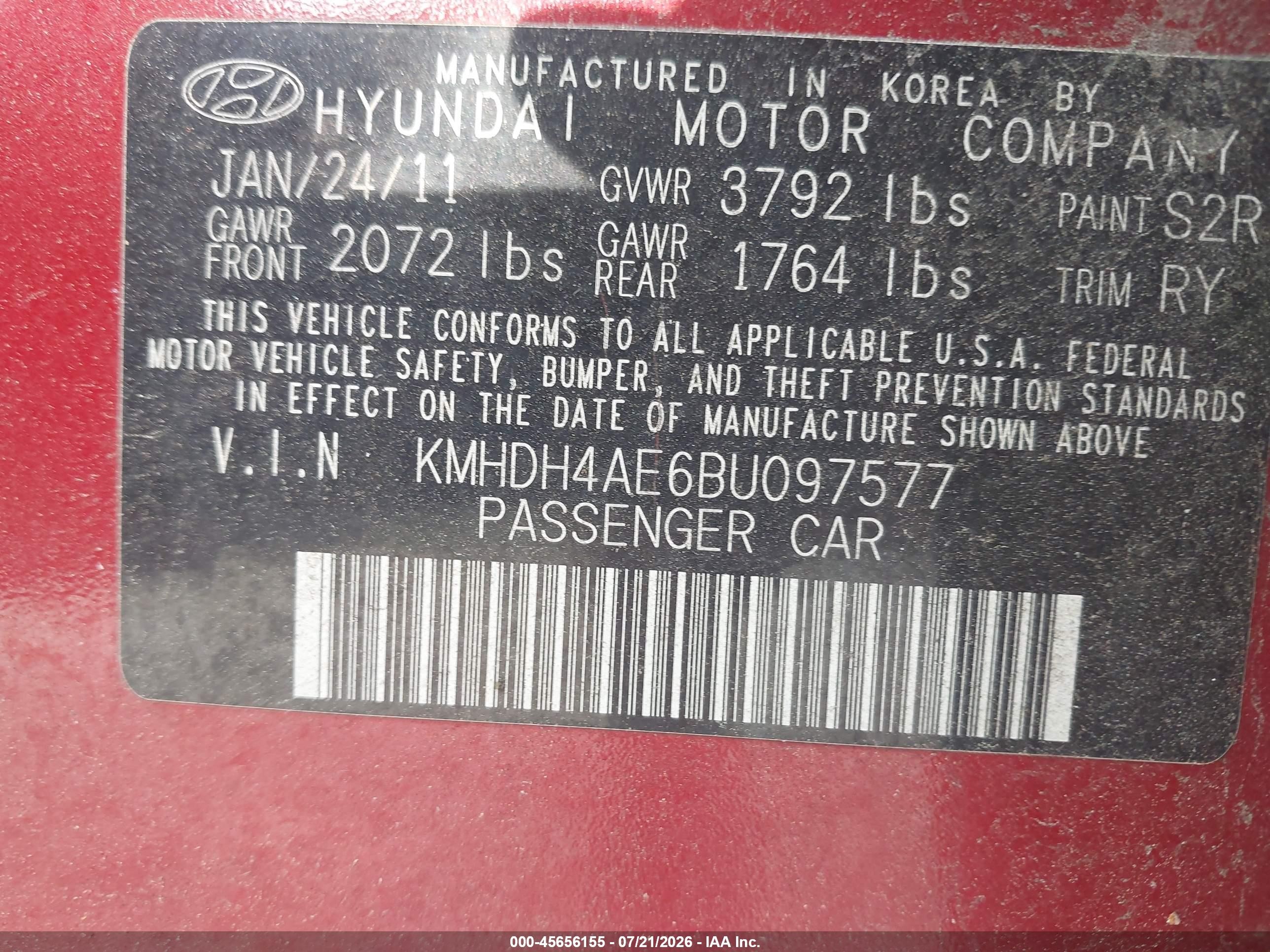 2011 Hyundai Elantra Limited (ulsan Plant) Red vin: KMHDH4AE6BU097577