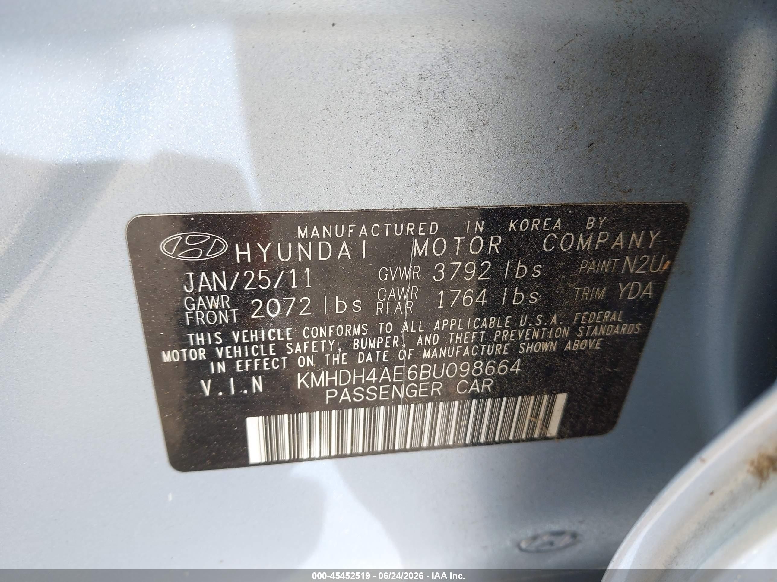 2011 Hyundai Elantra Limited (ulsan Plant) Blue vin: KMHDH4AE6BU098664