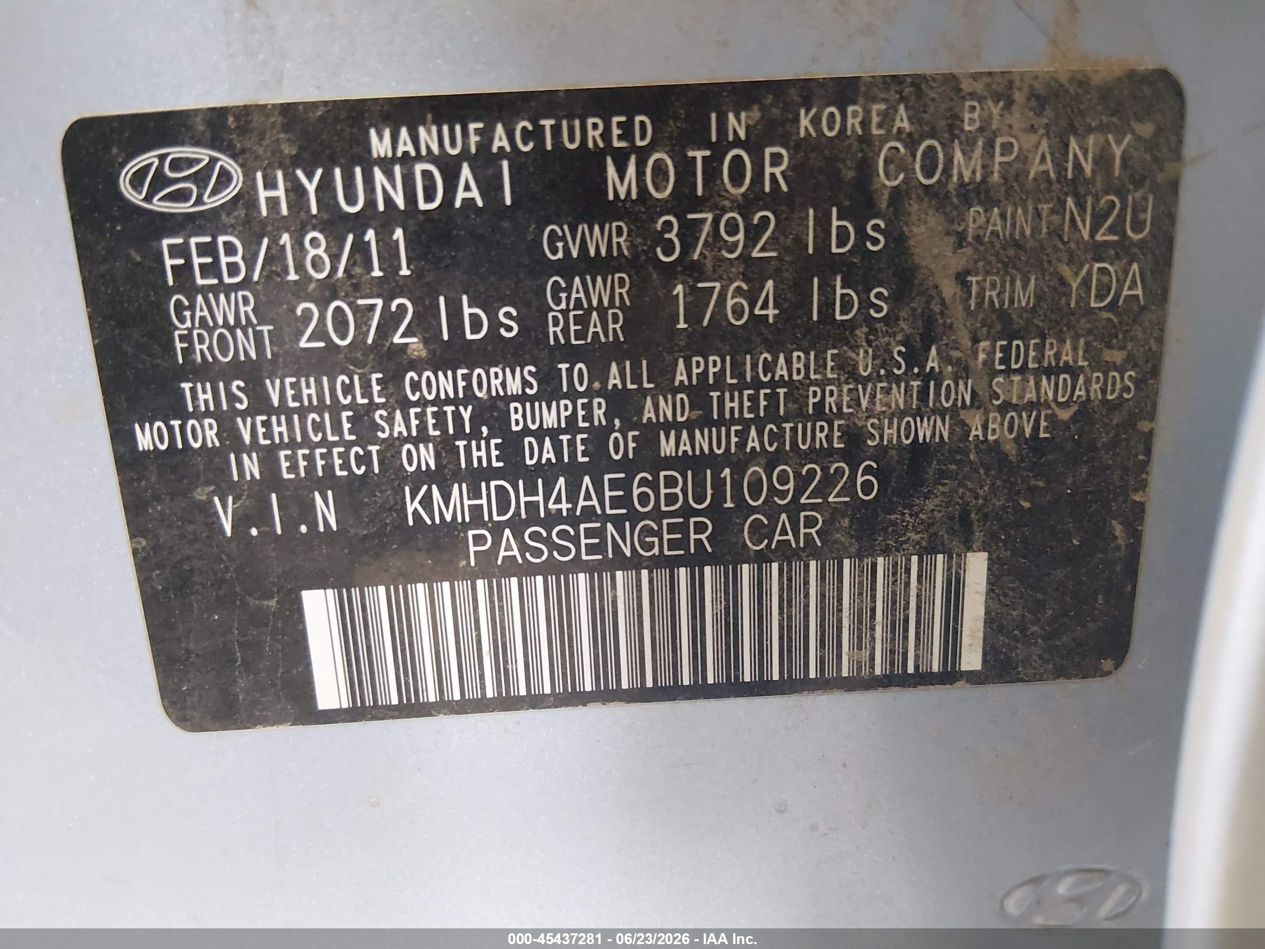 2011 Hyundai Elantra Gls (ulsan Plant) Light Blue vin: KMHDH4AE6BU109226