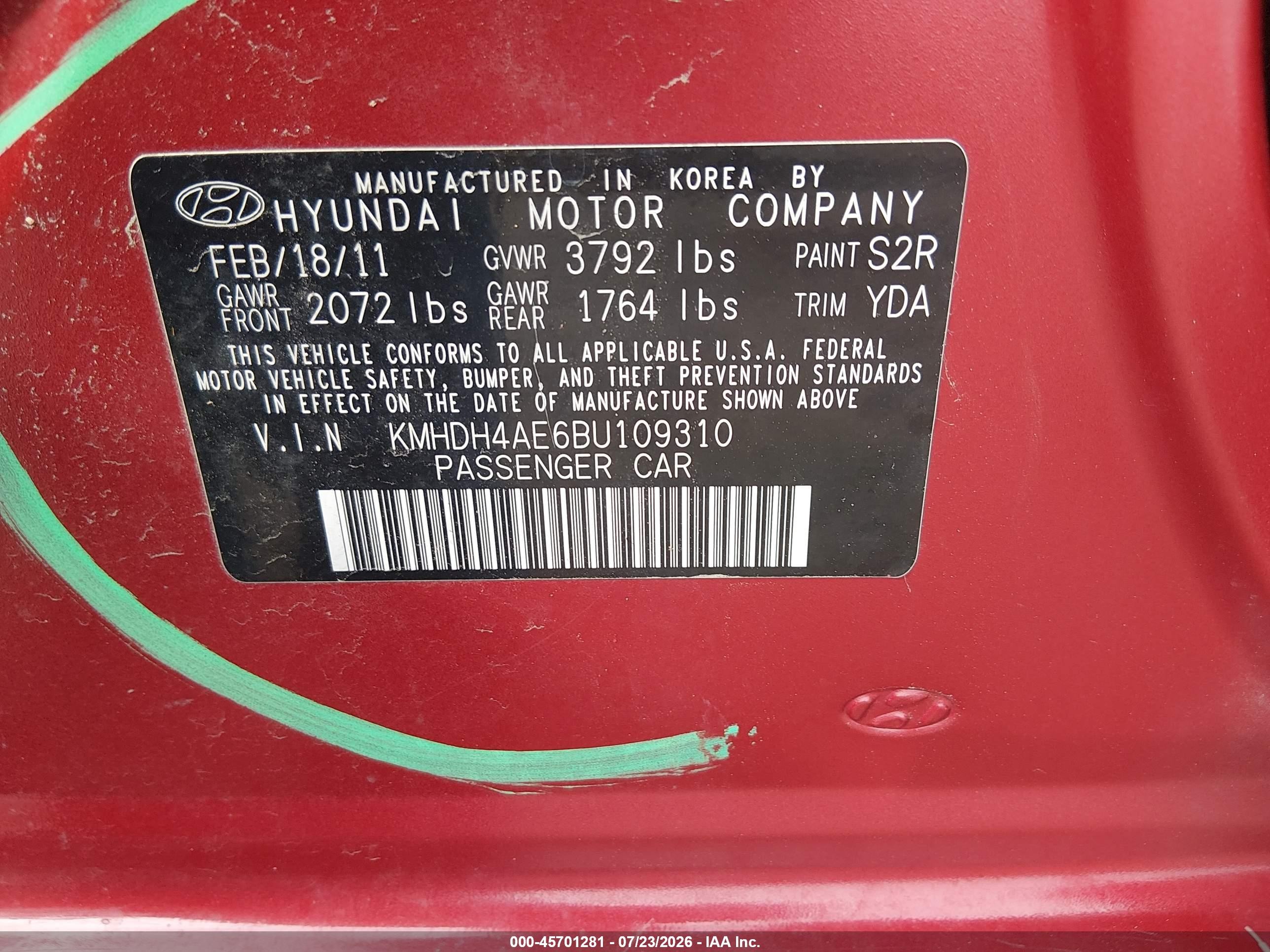 2011 Hyundai Elantra Gls (ulsan Plant) Orange vin: KMHDH4AE6BU109310