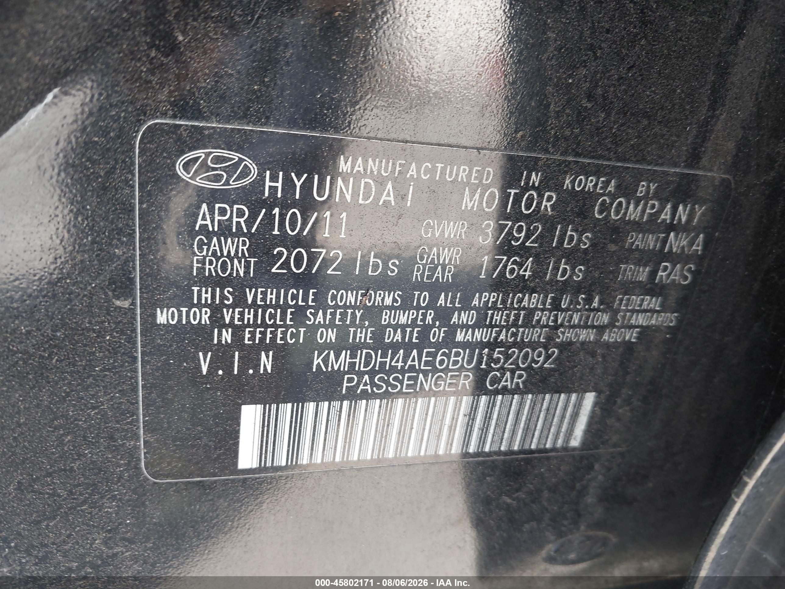 2011 Hyundai Elantra Gls (ulsan Plant) Черный vin: KMHDH4AE6BU152092