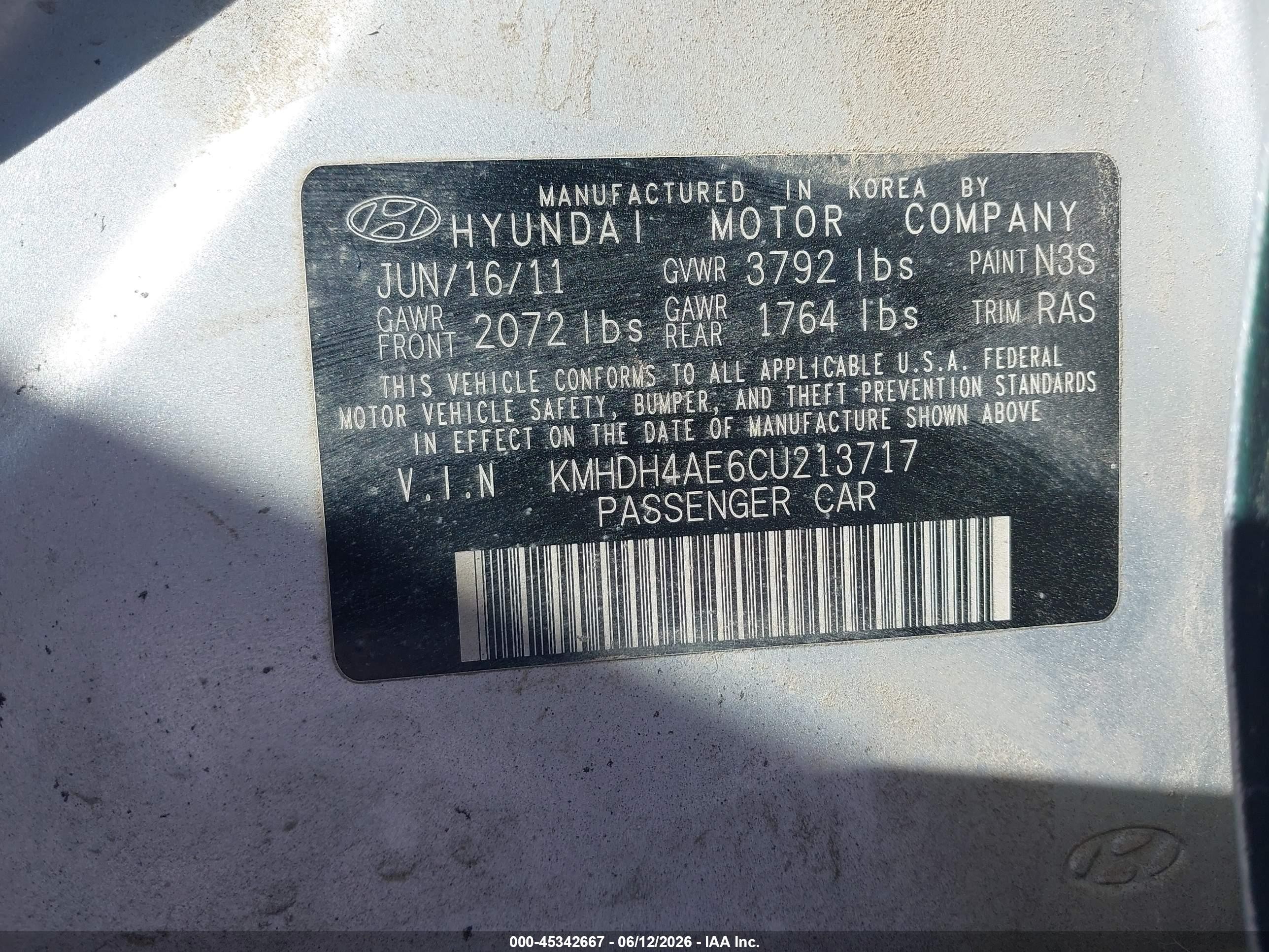 2012 Hyundai Elantra Gls (ulsan Plant) Black vin: KMHDH4AE6CU213717