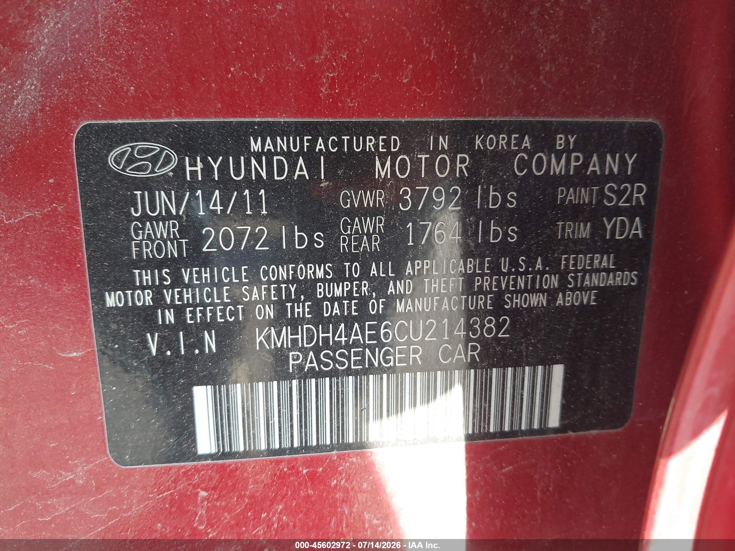 2012 Hyundai Elantra Gls (ulsan Plant) Red vin: KMHDH4AE6CU214382