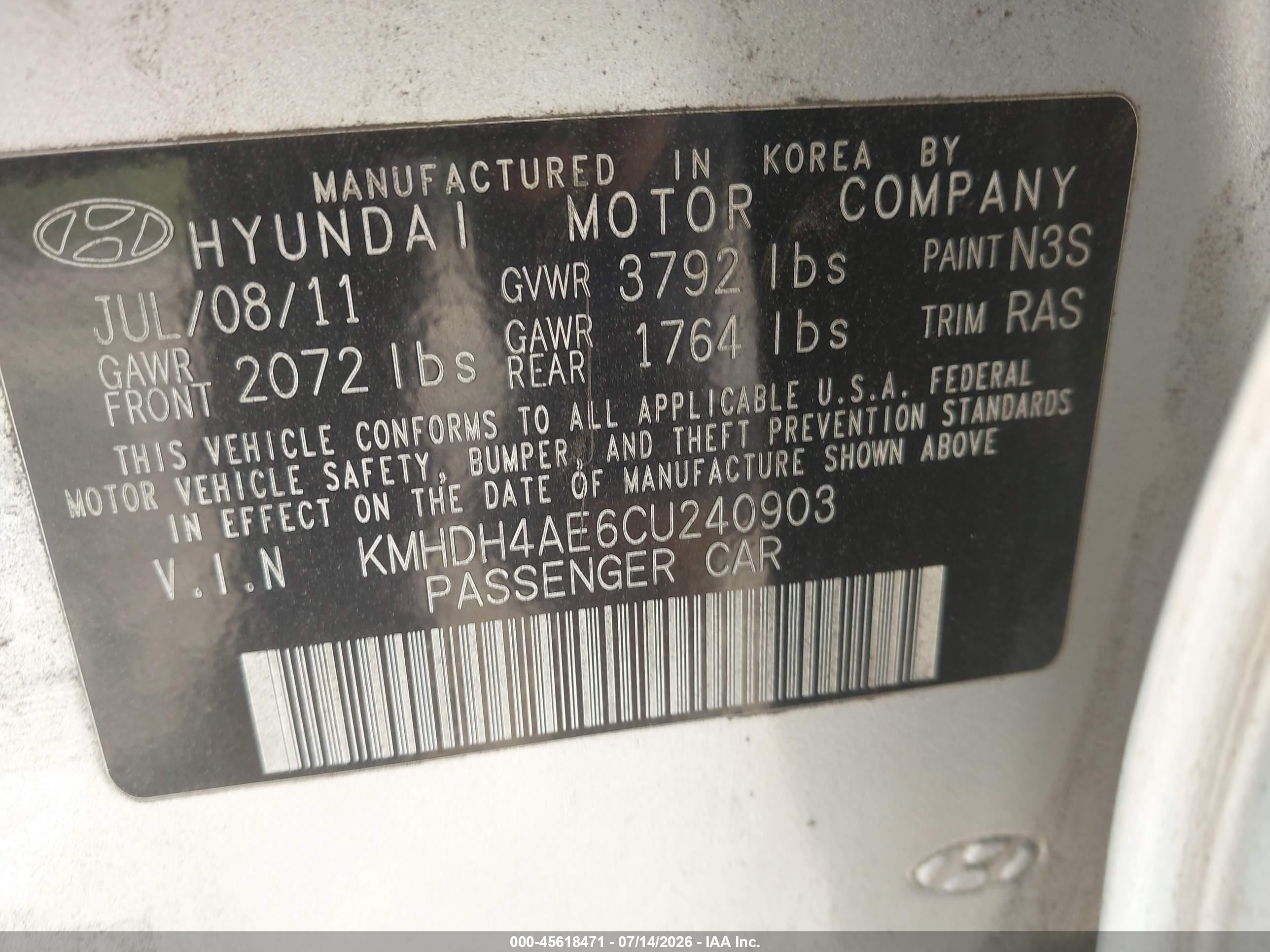 2012 Hyundai Elantra Gls (ulsan Plant) Silver vin: KMHDH4AE6CU240903