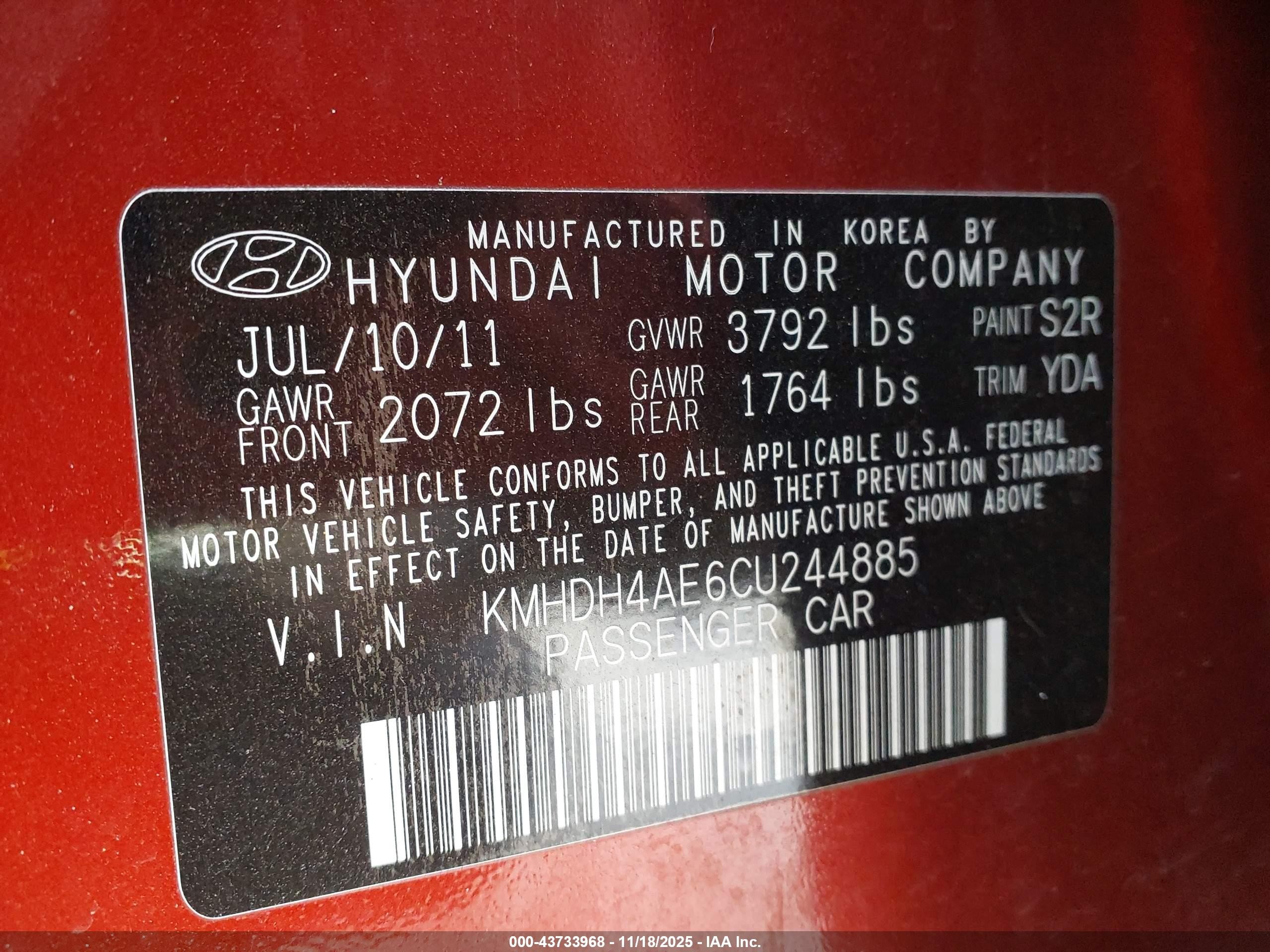 2012 Hyundai Elantra Limited (ulsan Plant) Red vin: KMHDH4AE6CU244885