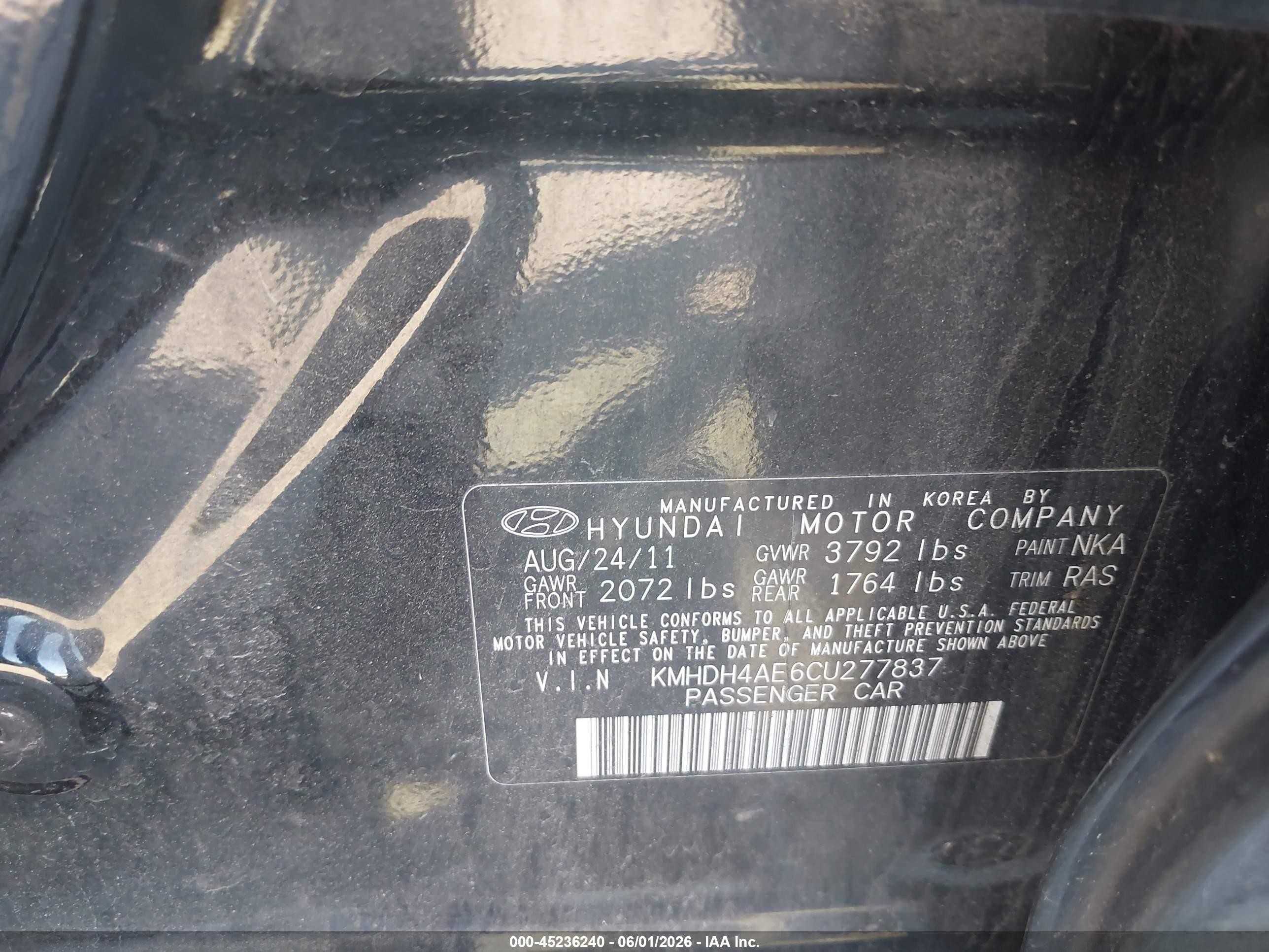 2012 Hyundai Elantra Gls (ulsan Plant) Black vin: KMHDH4AE6CU277837
