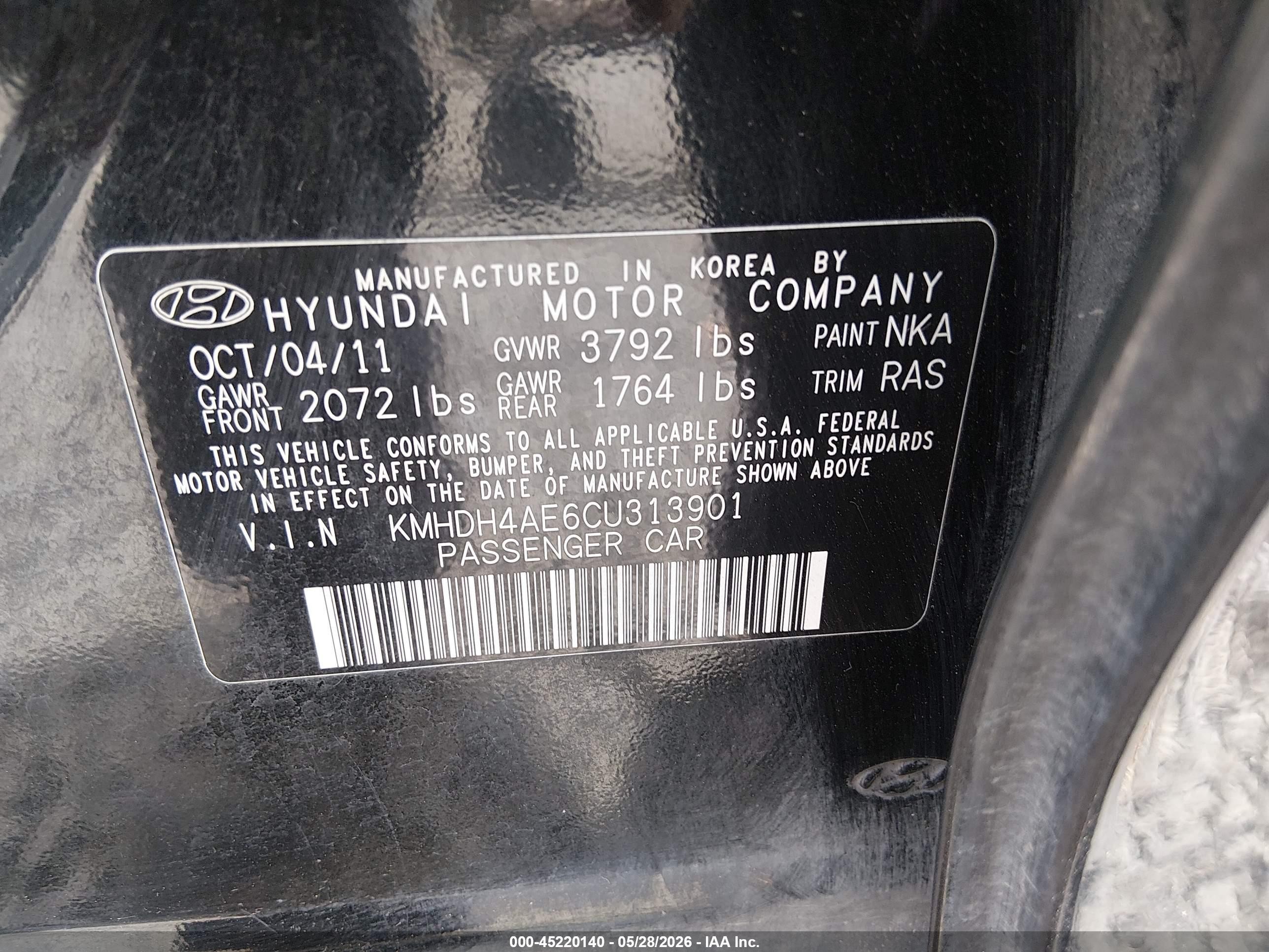 2012 Hyundai Elantra Gls (ulsan Plant) Black vin: KMHDH4AE6CU313901