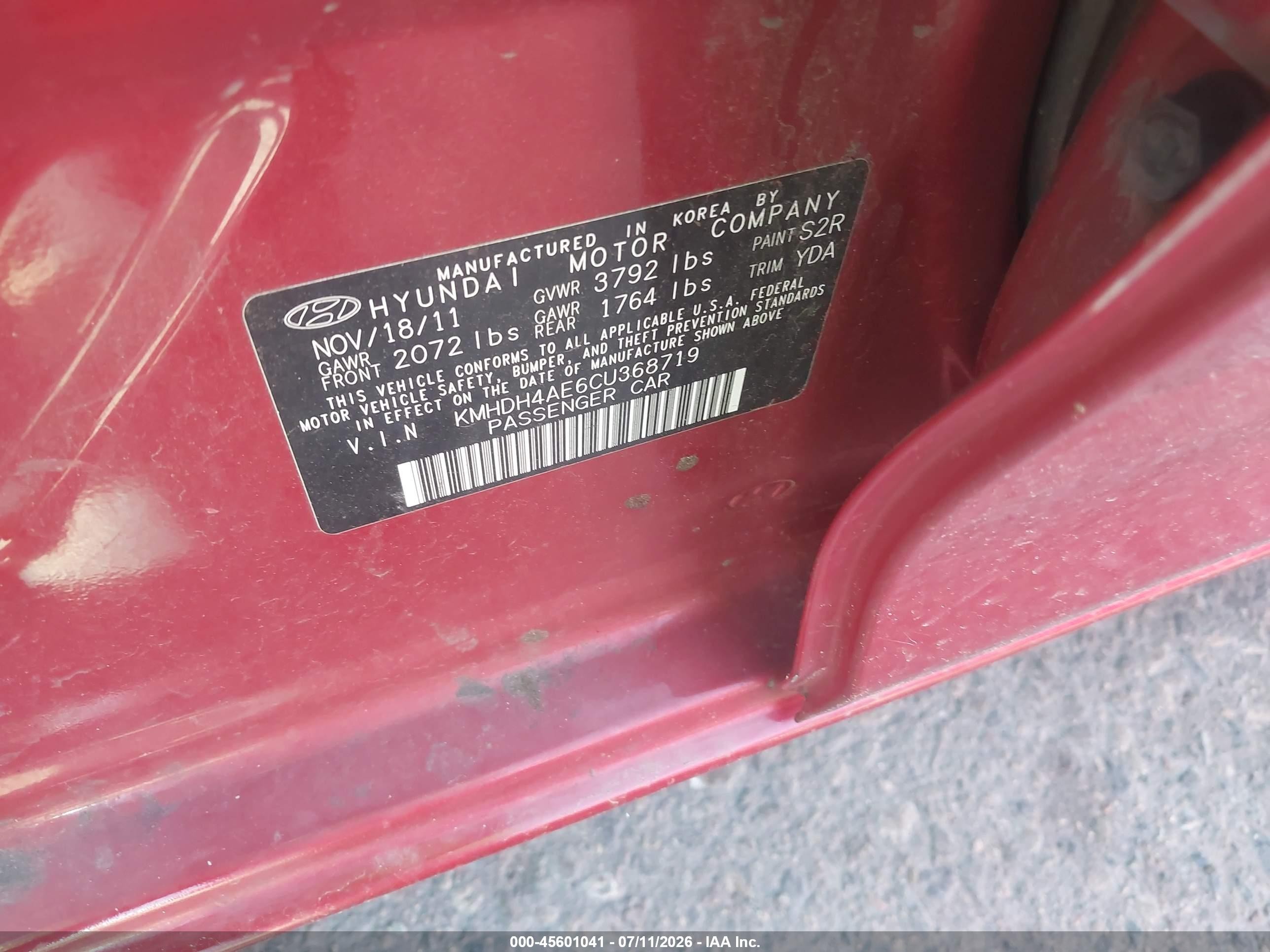 2012 Hyundai Elantra Limited (ulsan Plant) Red vin: KMHDH4AE6CU368719