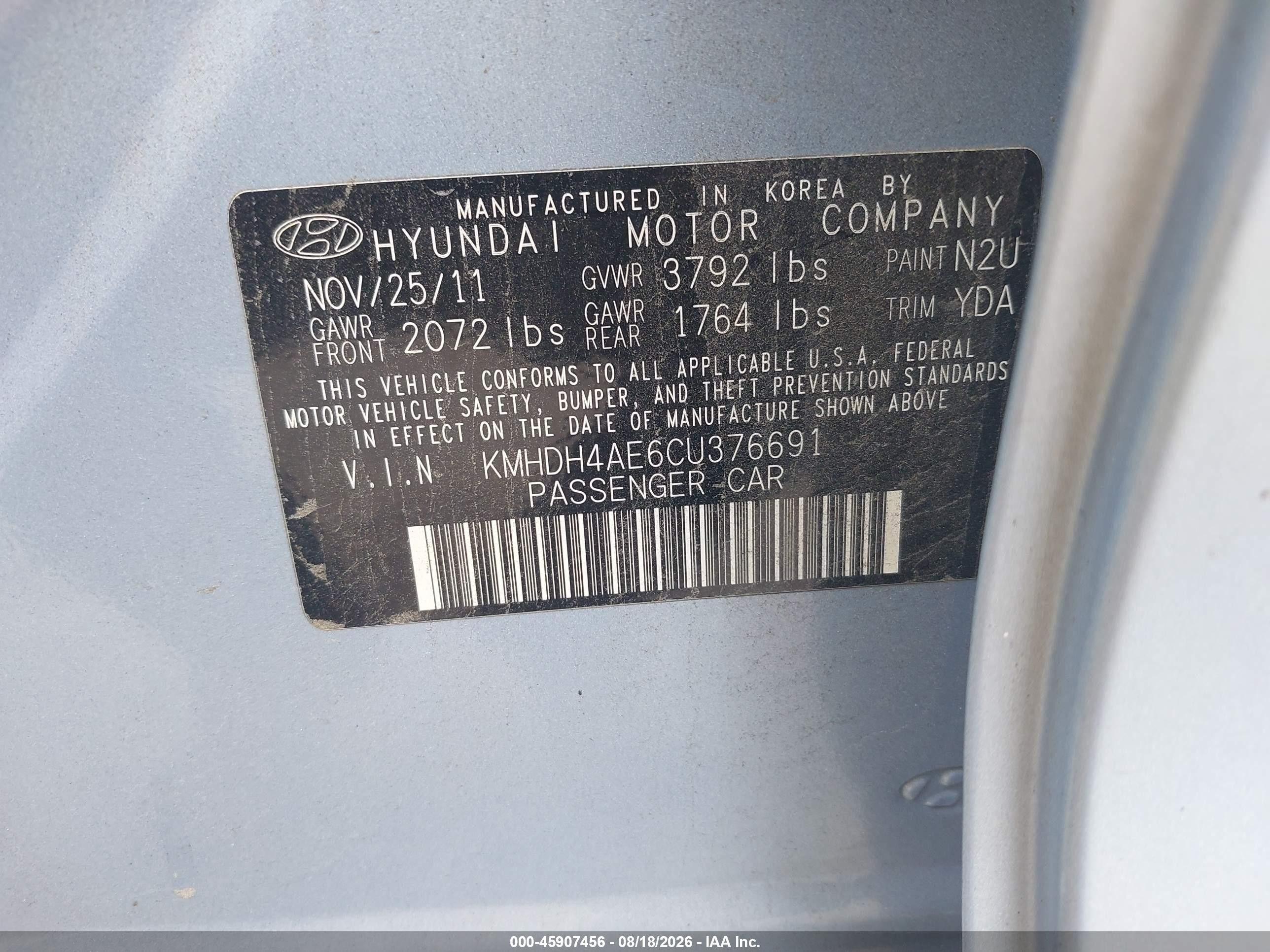 2012 Hyundai Elantra Gls (ulsan Plant) Light Blue vin: KMHDH4AE6CU376691