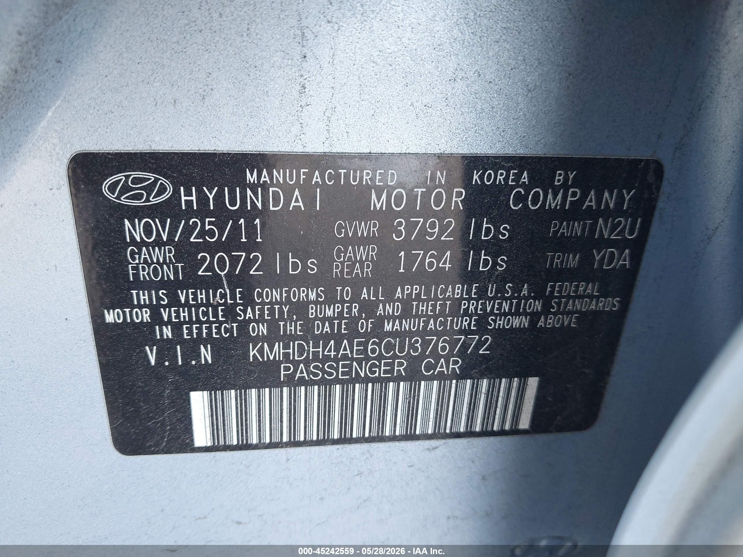 2012 Hyundai Elantra Gls (ulsan Plant) Light Blue vin: KMHDH4AE6CU376772