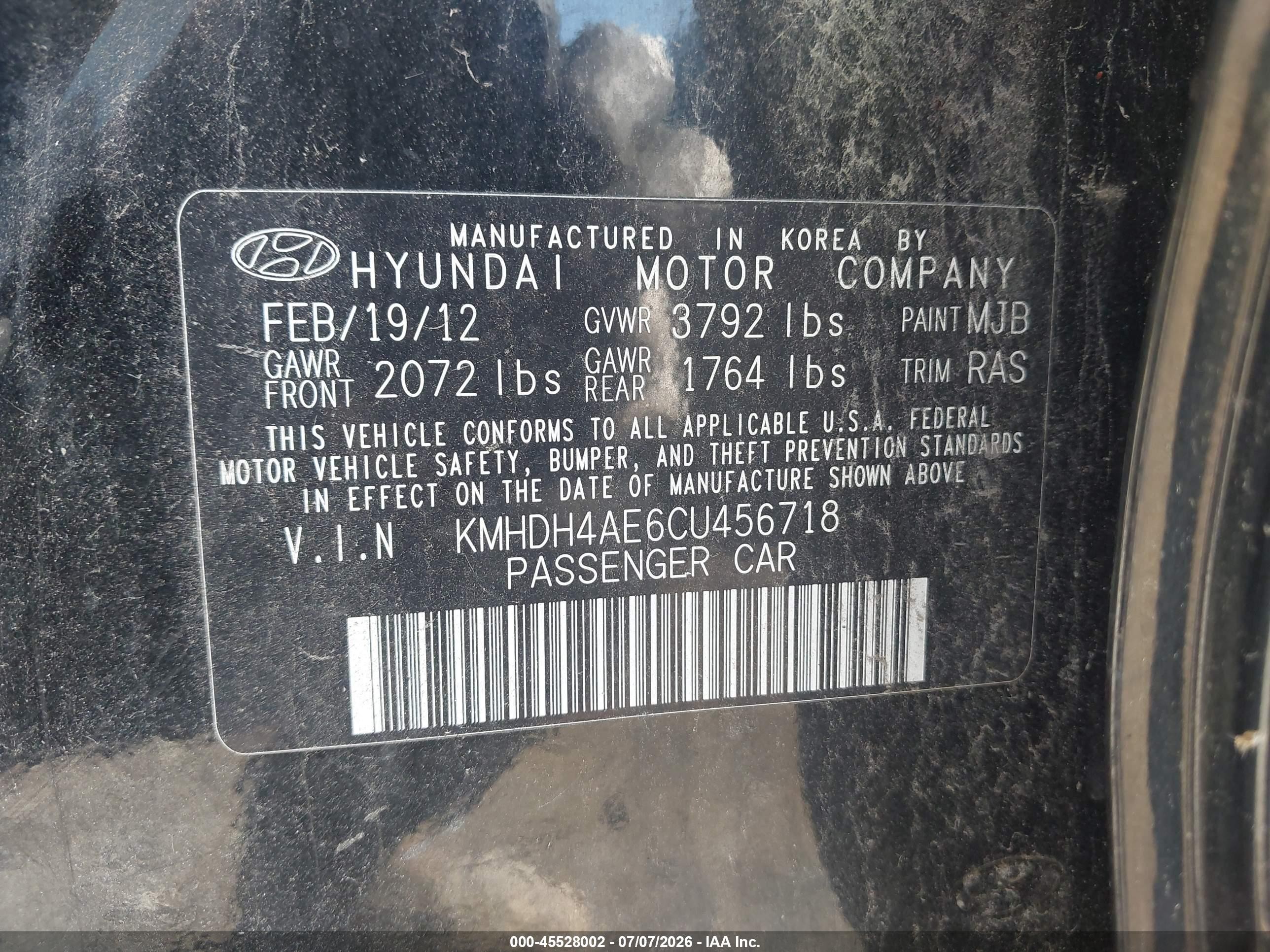 2012 Hyundai Elantra Gls (ulsan Plant) Black vin: KMHDH4AE6CU456718