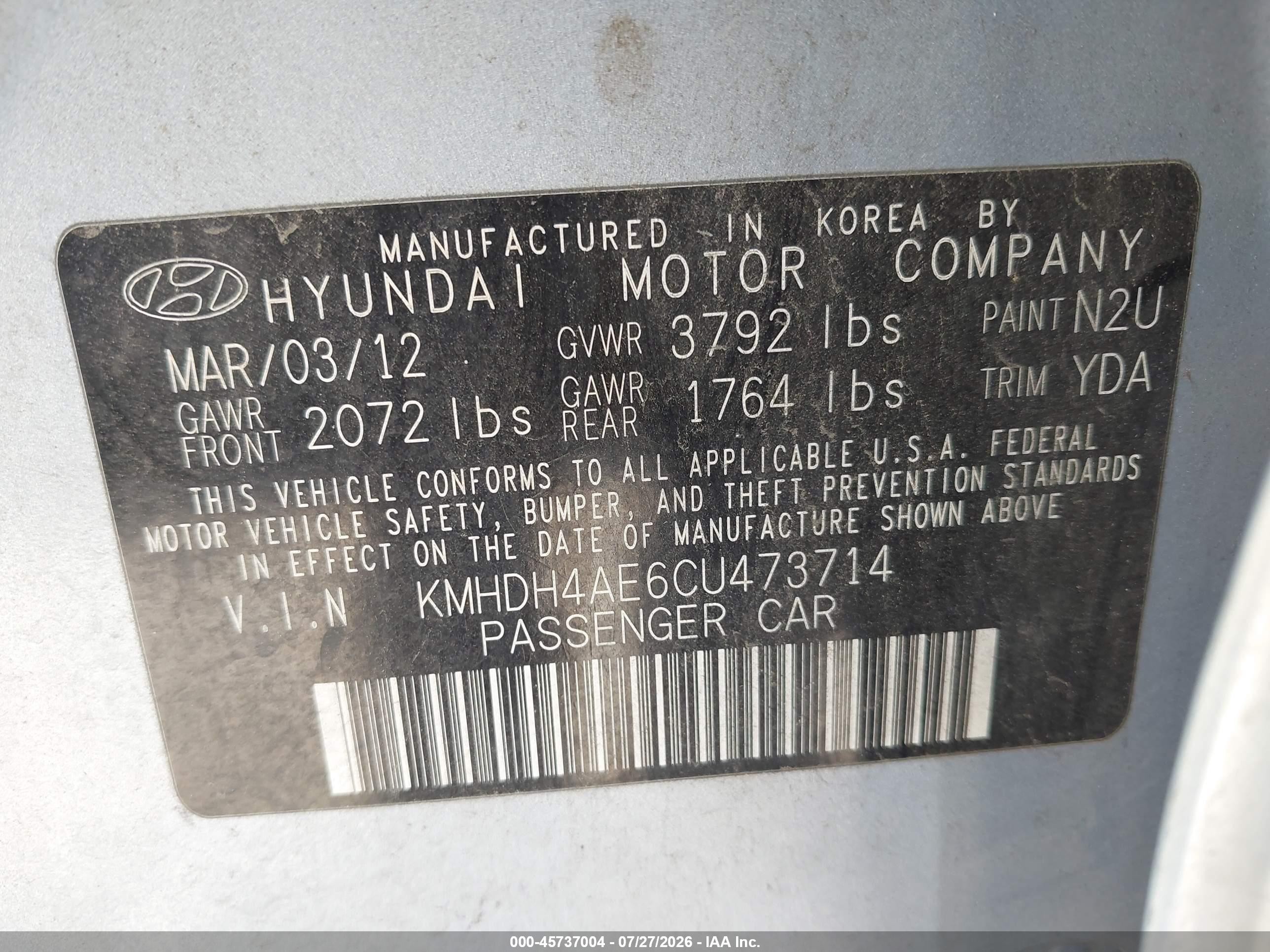 2012 Hyundai Elantra Limited (ulsan Plant) Light Blue vin: KMHDH4AE6CU473714