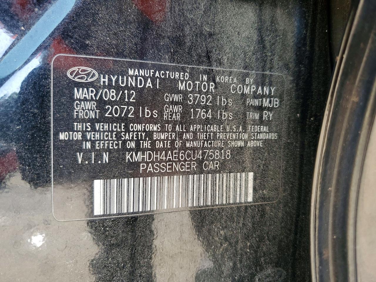 2012 Hyundai Elantra Limited Black vin: KMHDH4AE6CU475818