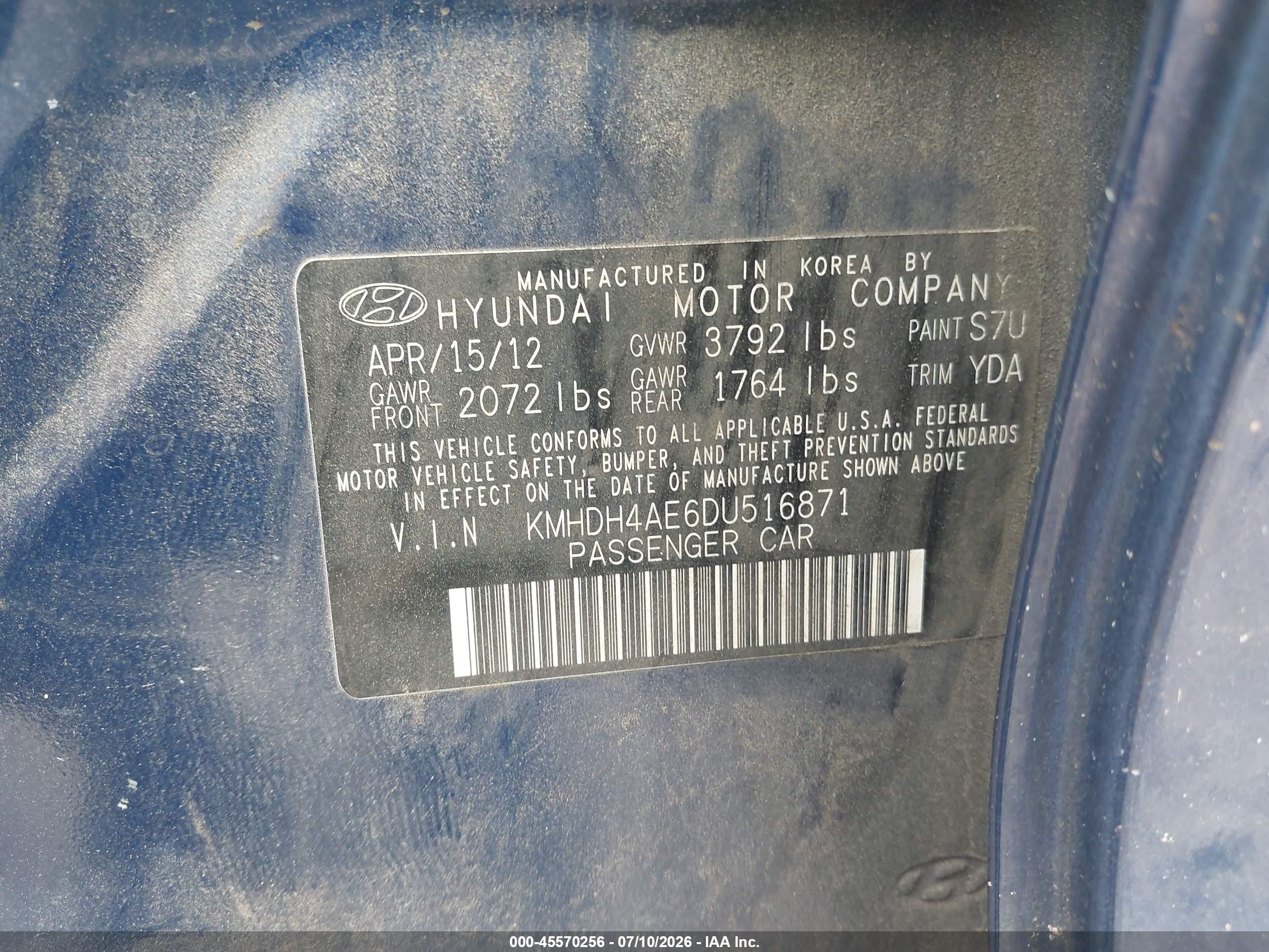 2013 Hyundai Elantra Limited Blue vin: KMHDH4AE6DU516871