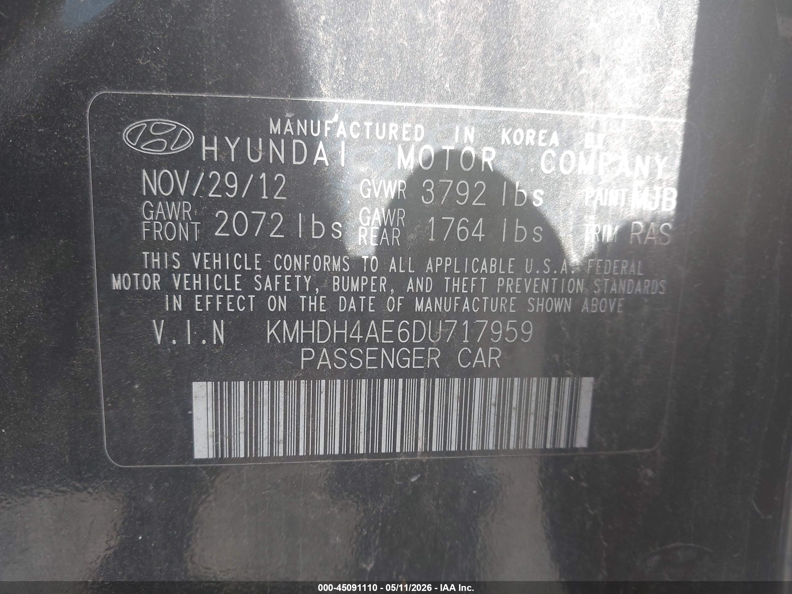 2013 Hyundai Elantra Gls Black vin: KMHDH4AE6DU717959