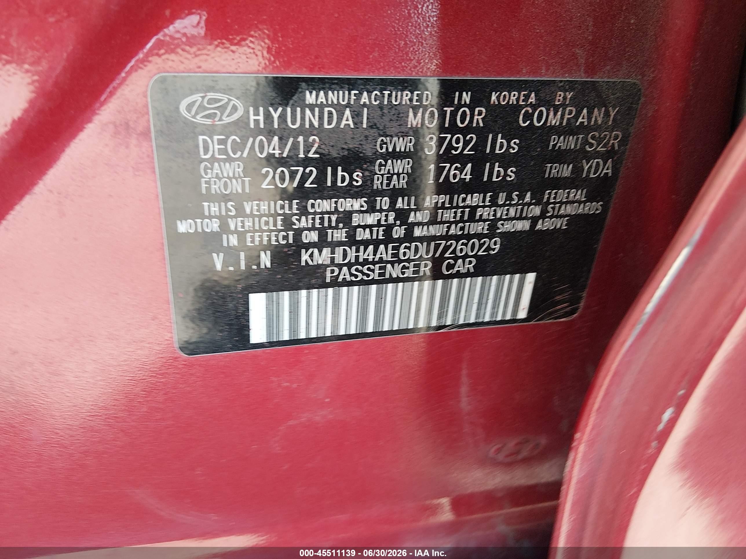 2013 Hyundai Elantra Gls (ulsan Plant) Burgundy vin: KMHDH4AE6DU726029
