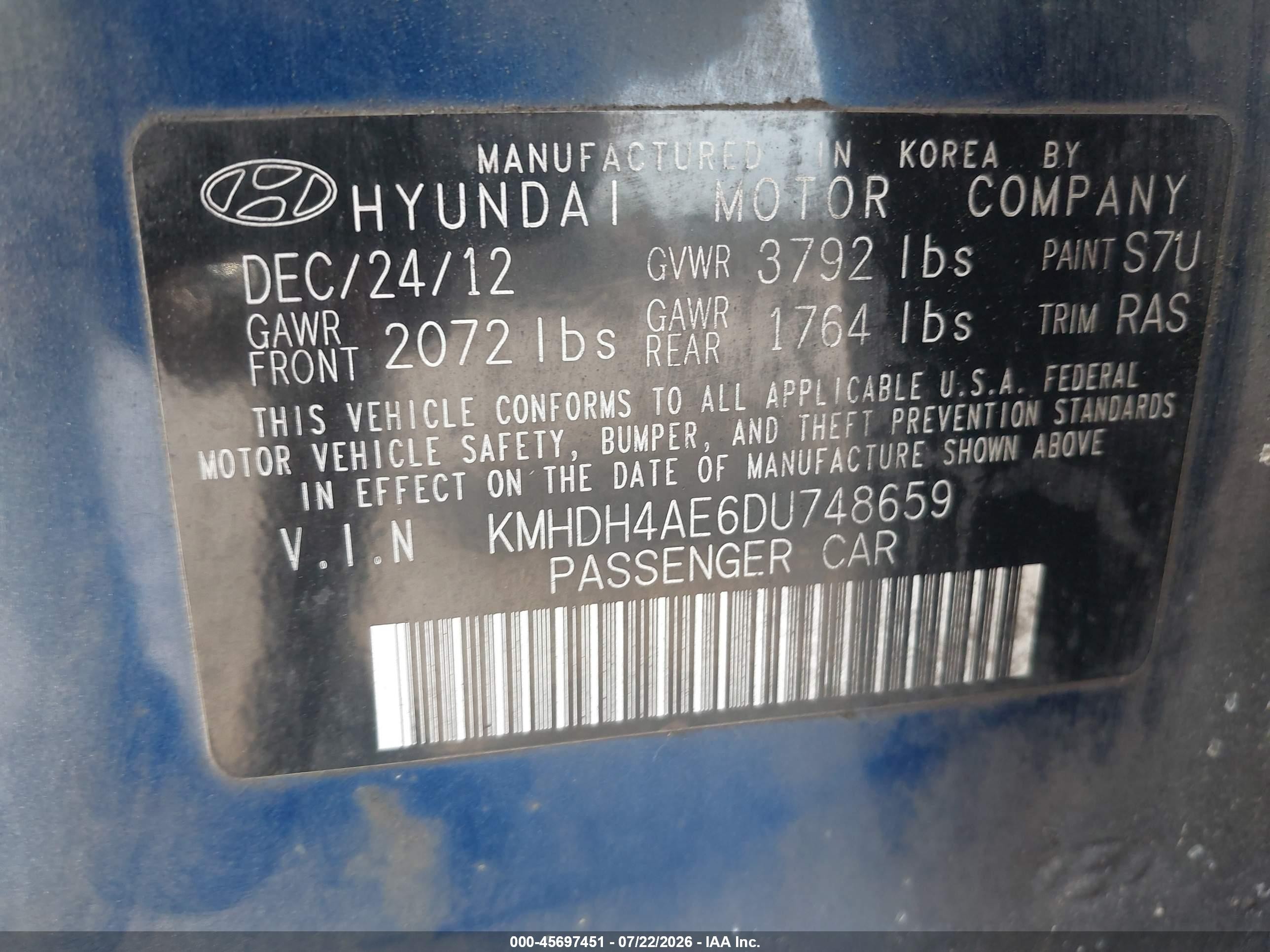2013 Hyundai Elantra Gls Blue vin: KMHDH4AE6DU748659