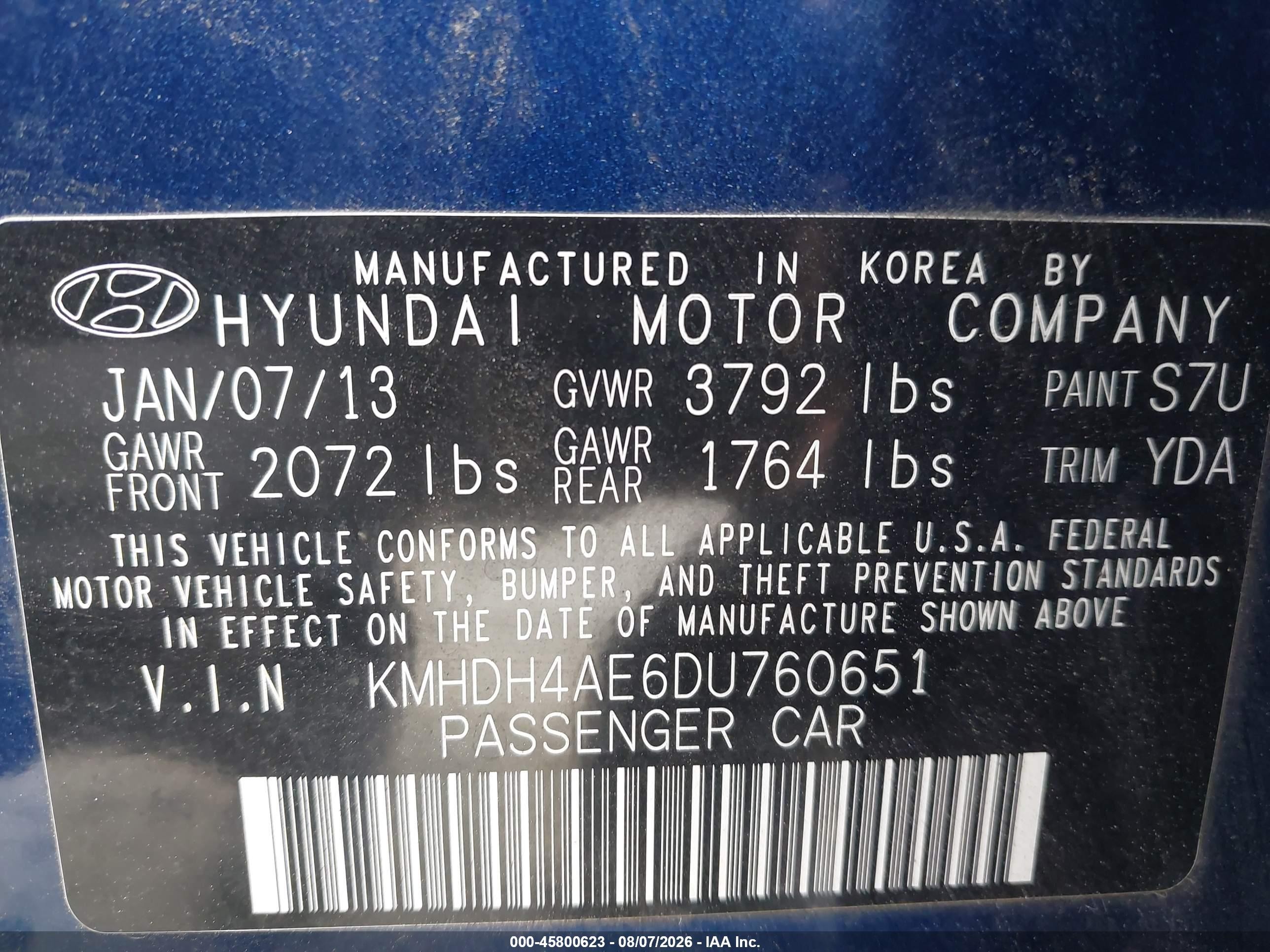2013 Hyundai Elantra Gls Blue vin: KMHDH4AE6DU760651