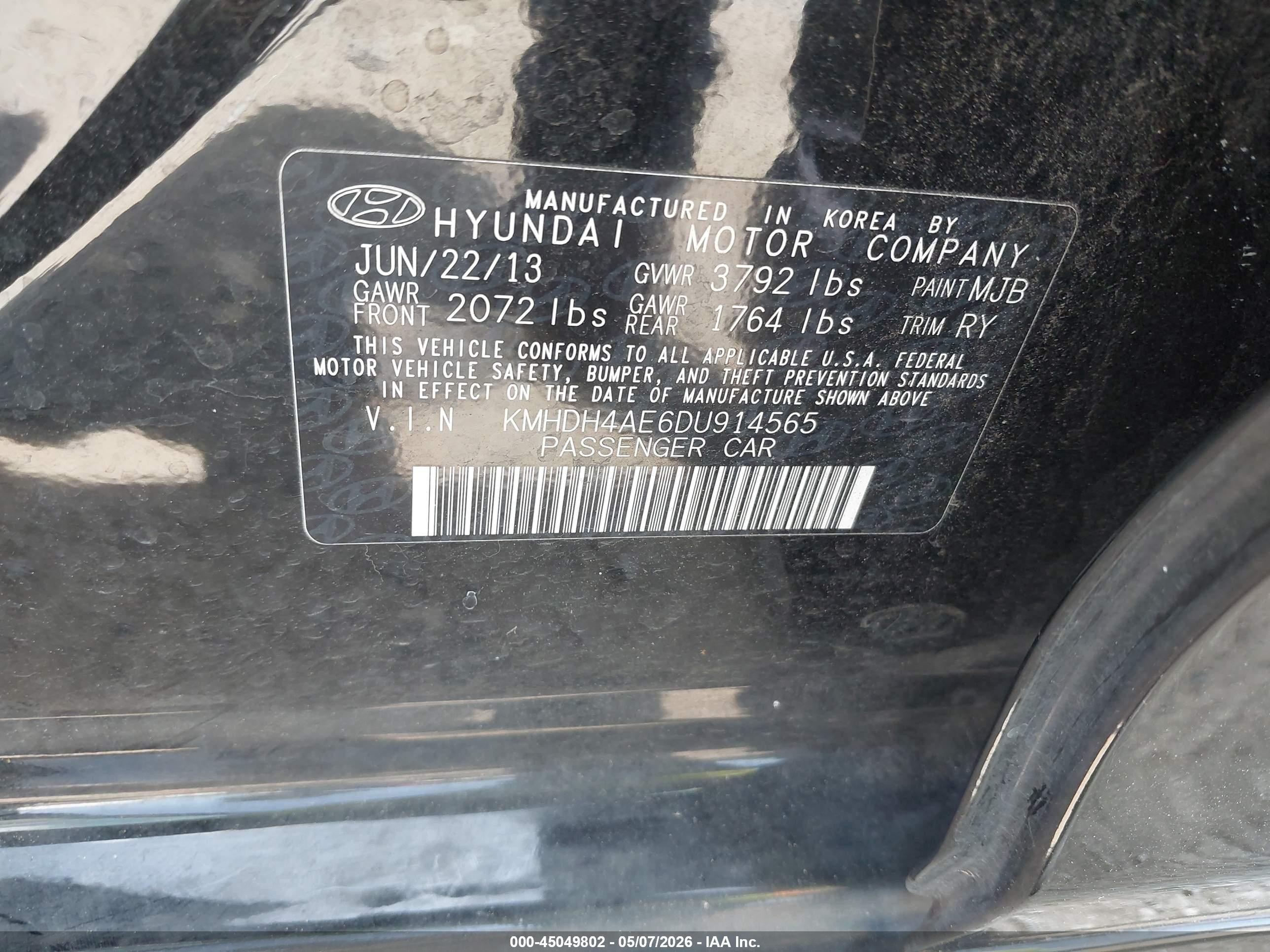 2013 Hyundai Elantra Limited Black vin: KMHDH4AE6DU914565