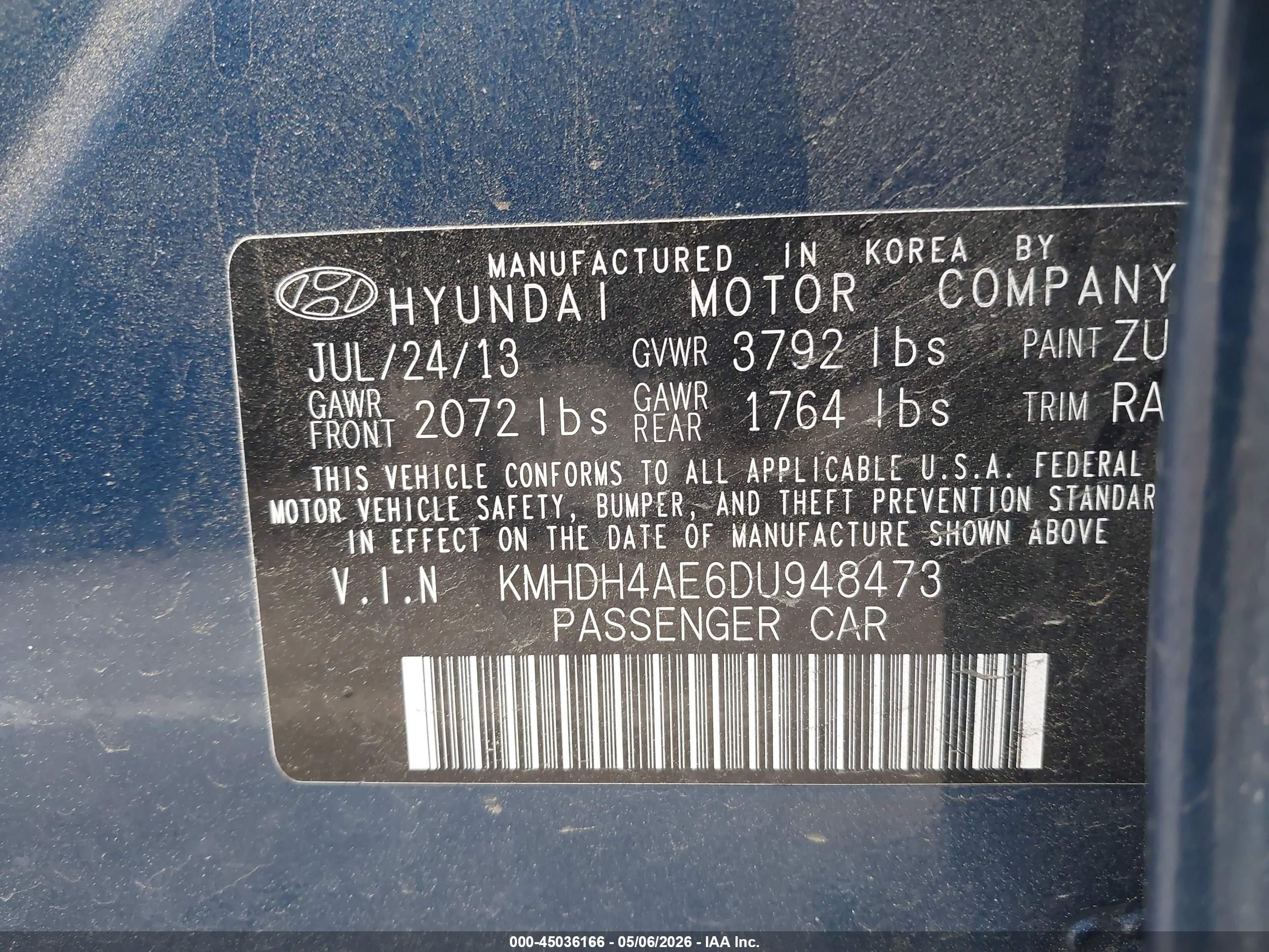 2013 Hyundai Elantra Gls Blue vin: KMHDH4AE6DU948473