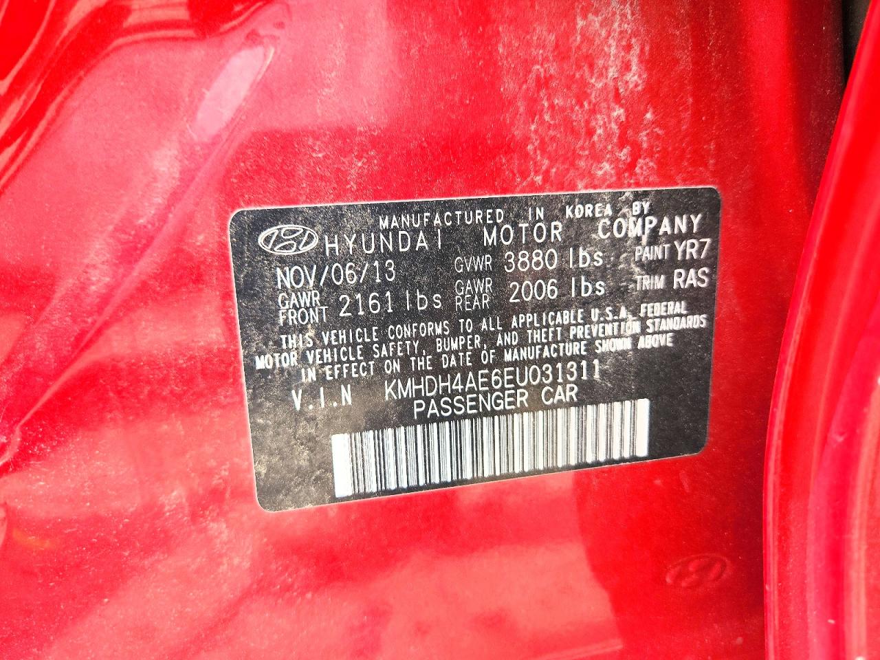 2014 Hyundai Elantra Se Red vin: KMHDH4AE6EU031311