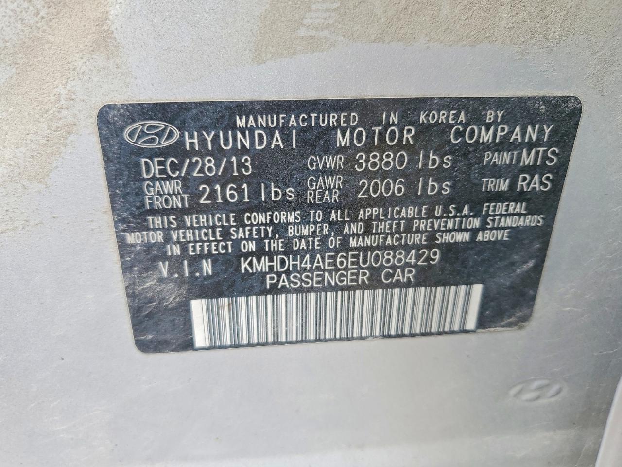 2014 Hyundai Elantra Gray vin: KMHDH4AE6EU088429
