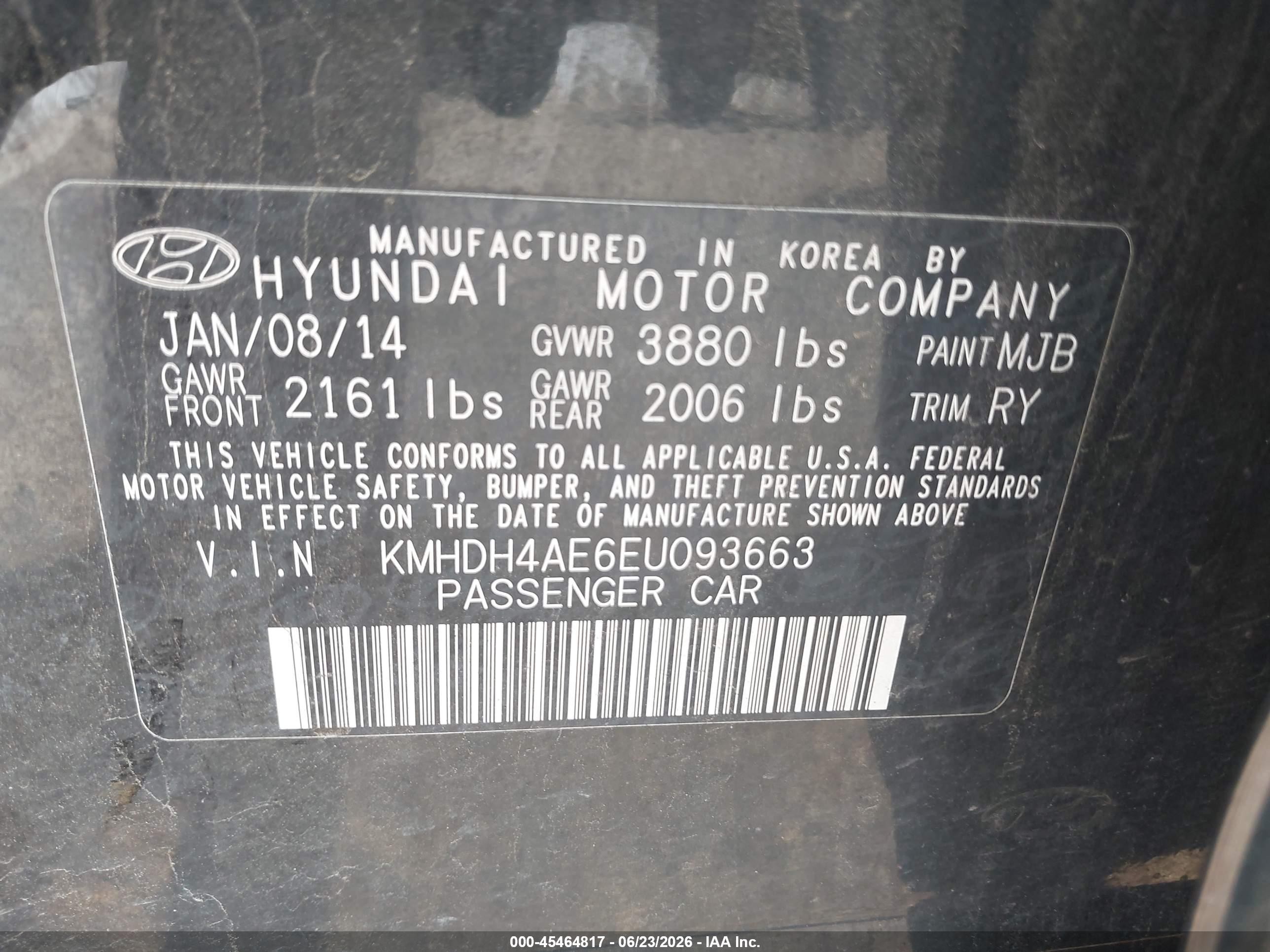 2014 Hyundai Elantra Limited Black vin: KMHDH4AE6EU093663