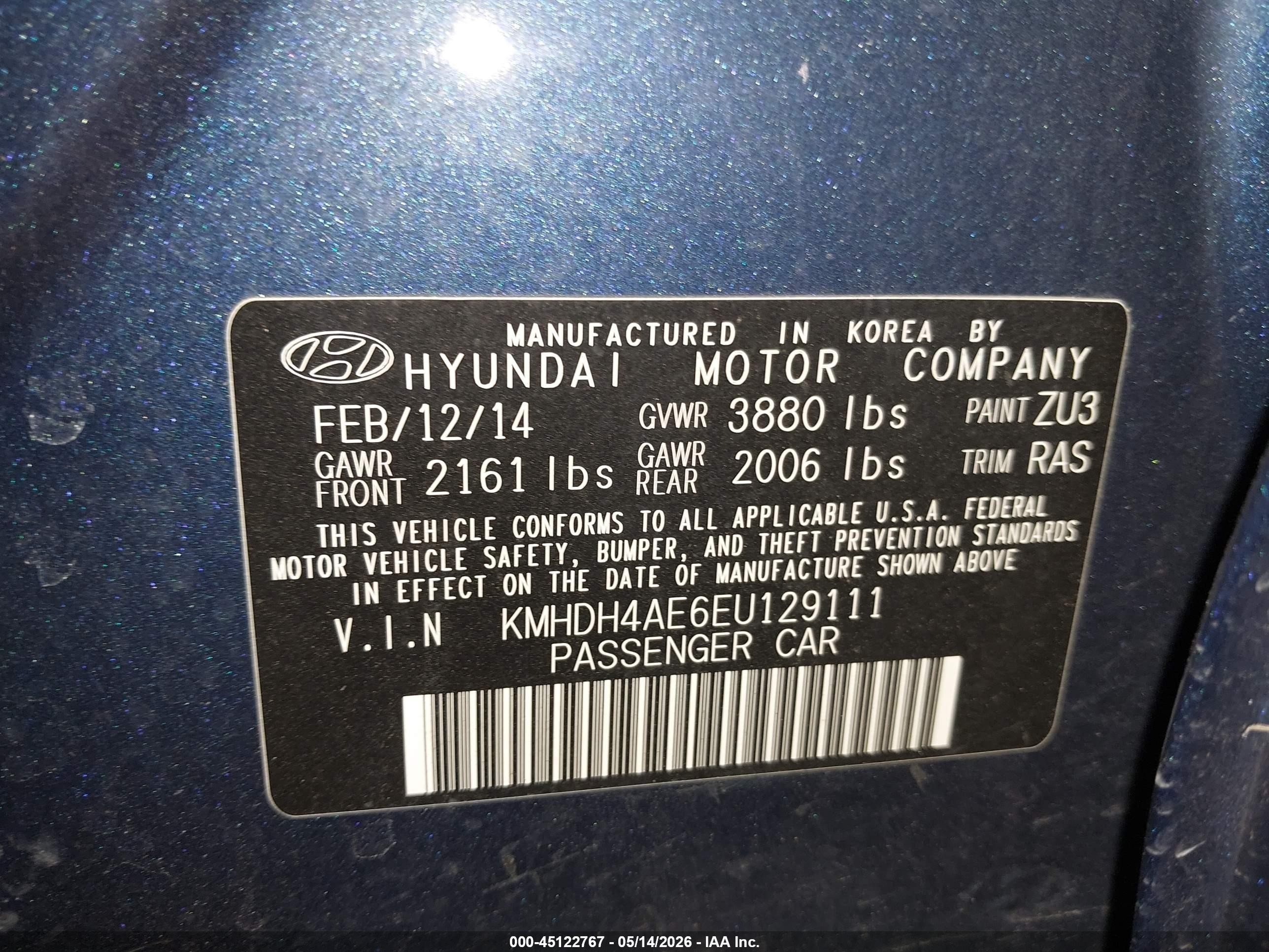 2014 Hyundai Elantra Limited Blue vin: KMHDH4AE6EU129111