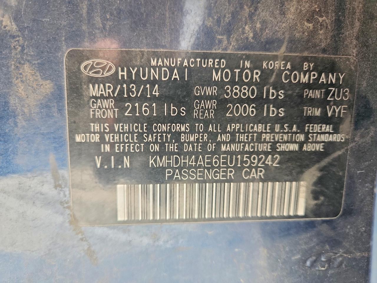 2014 Hyundai Elantra Se Blue vin: KMHDH4AE6EU159242